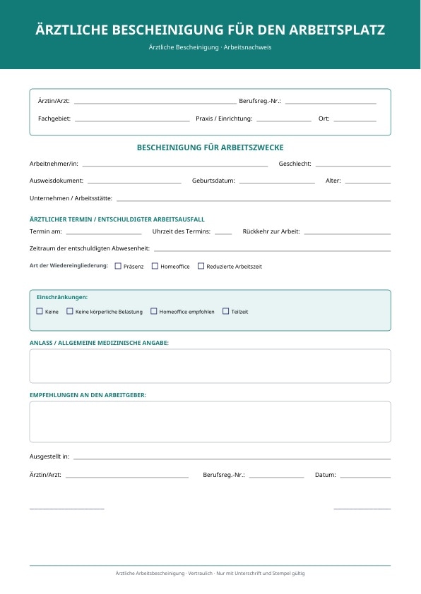 Arztbescheinigung für berufliche Abwesenheit als PDF