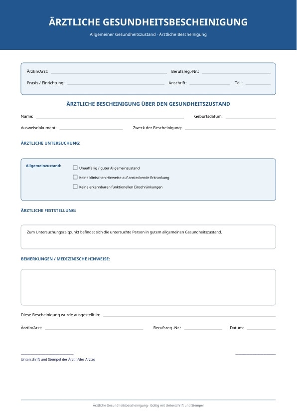 Gesundheitszeugnis als PDF mit formellem Layout