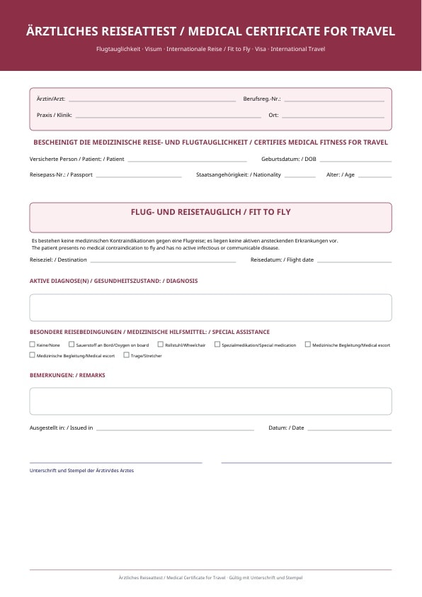 Zweisprachige Vorlage für Reiseattest und Fit to Fly