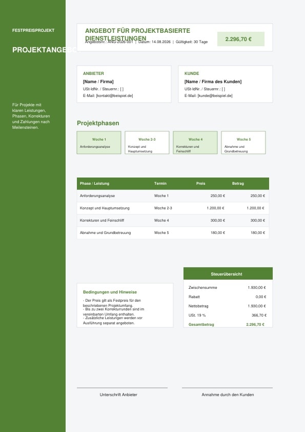 Excel: Festpreisprojekt