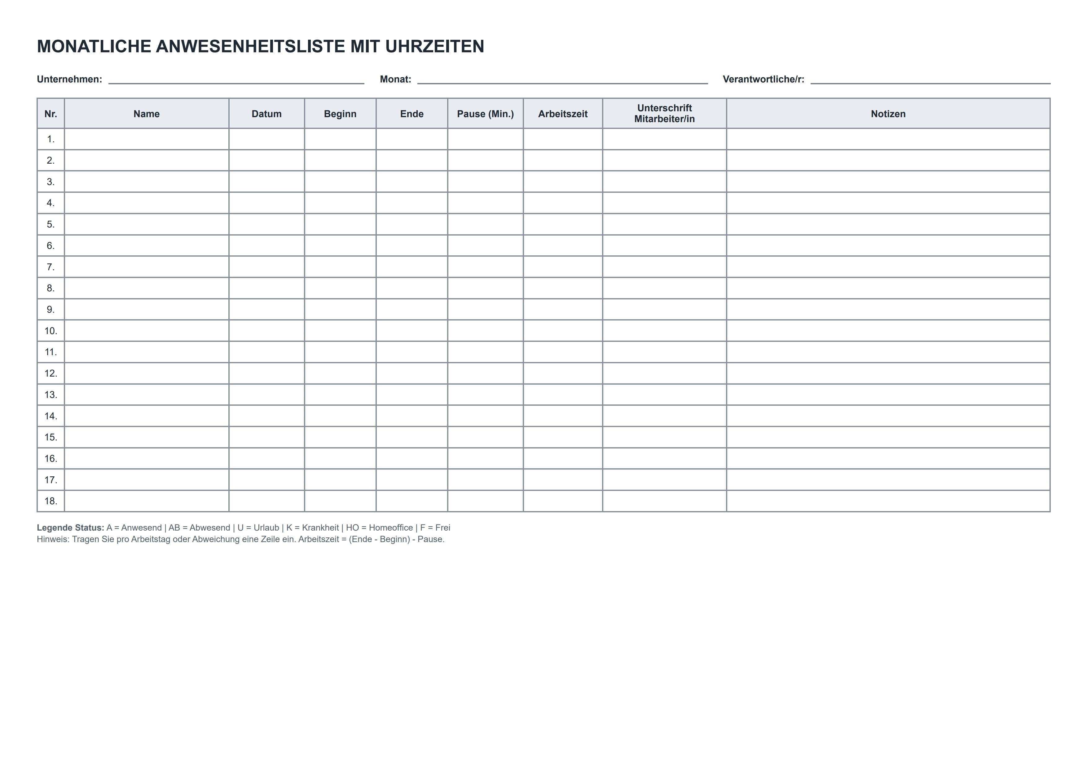 Anwesenheitsliste Vorlage für den Monat