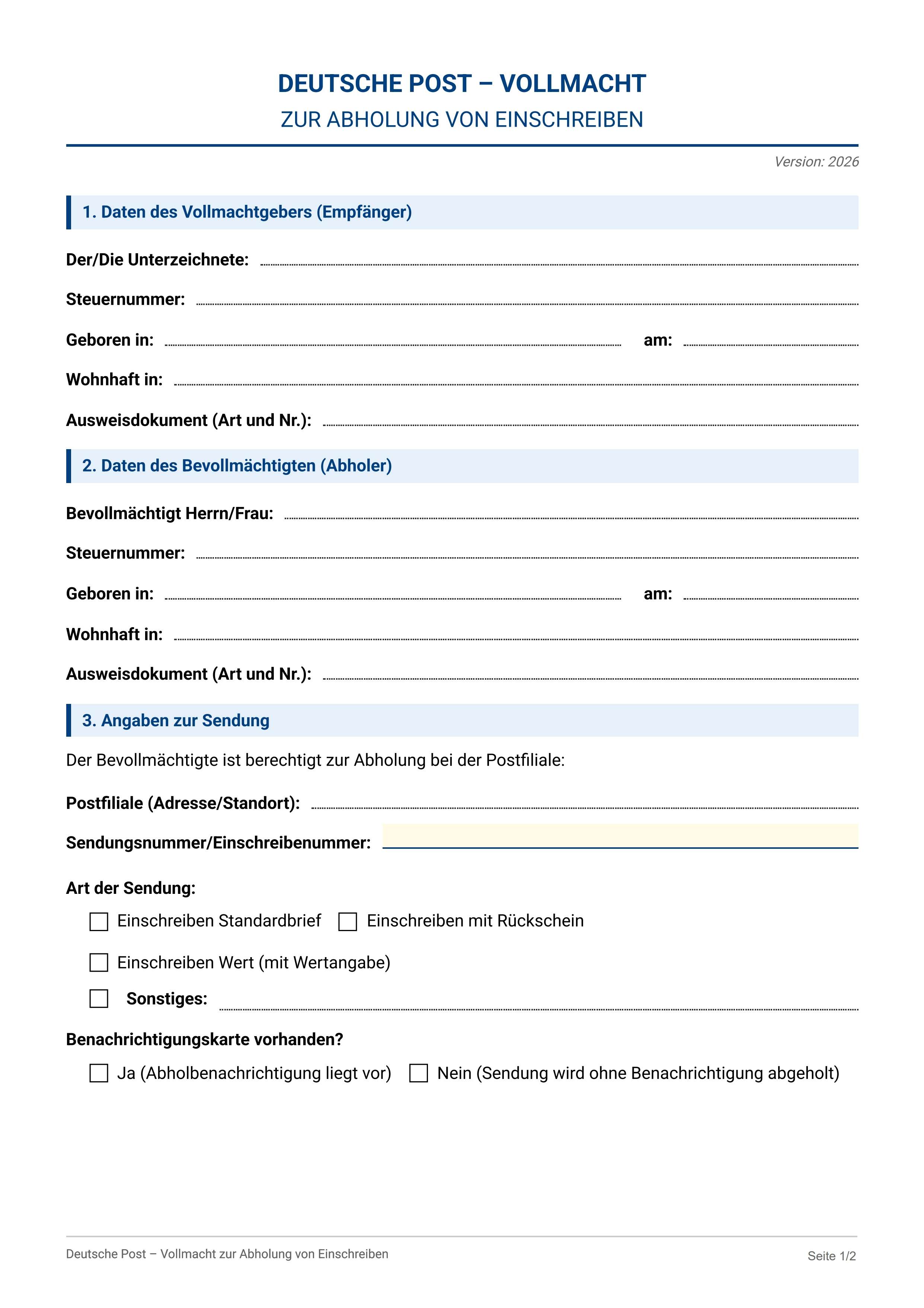 Vollmacht Einschreiben Deutsche Post