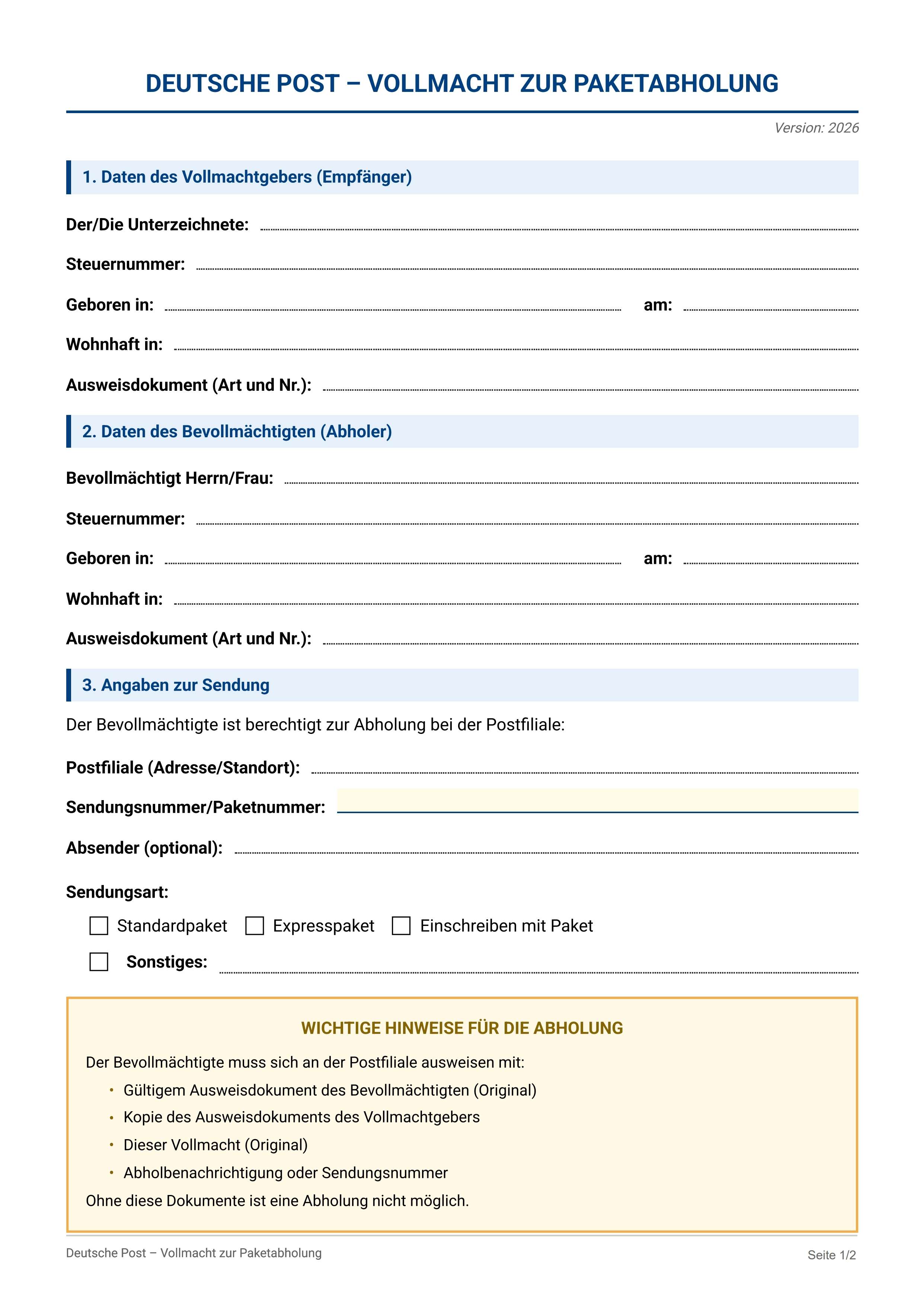 Vollmacht Paketabholung Deutsche Post