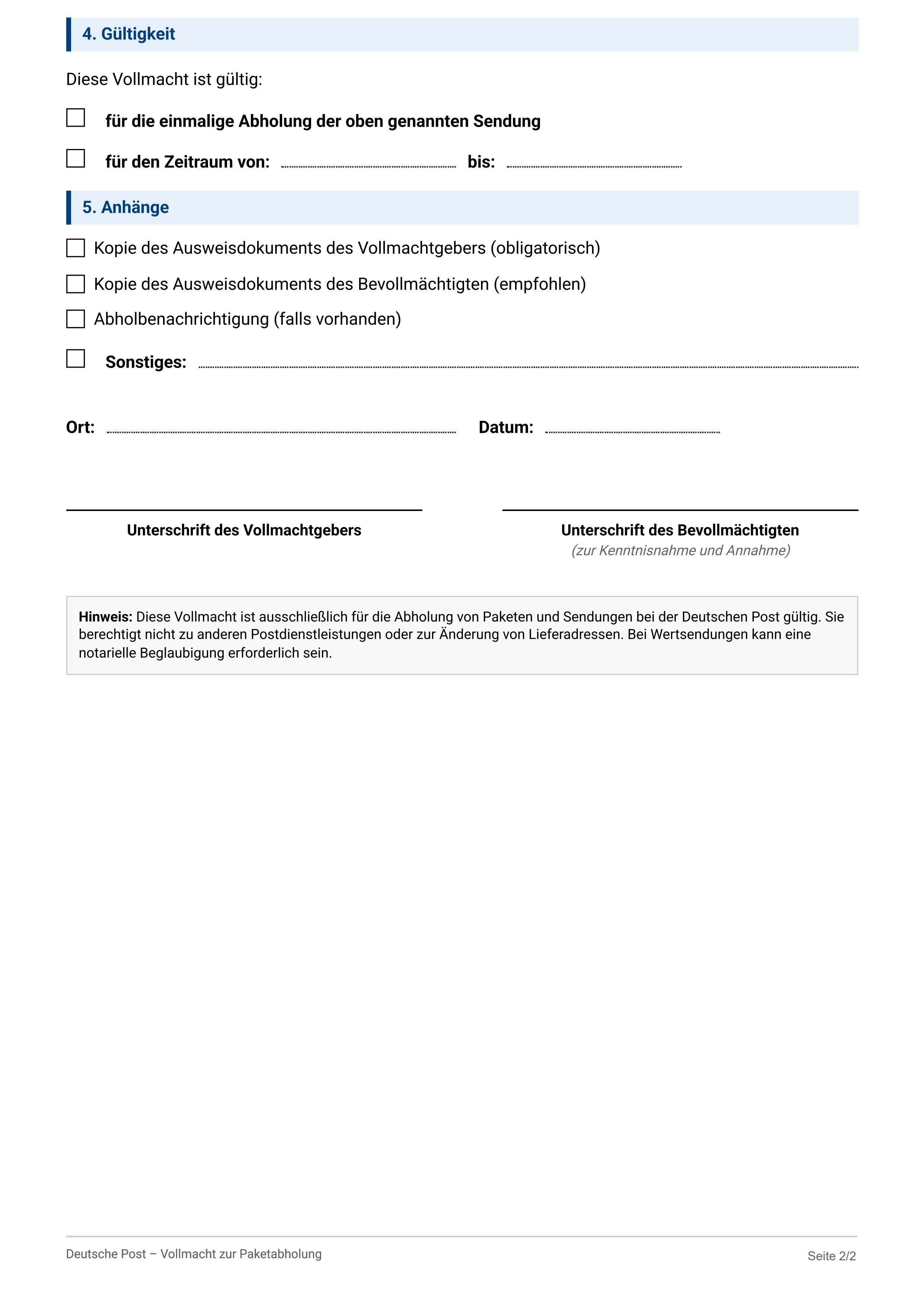 Vollmacht Paketabholung Deutsche Post