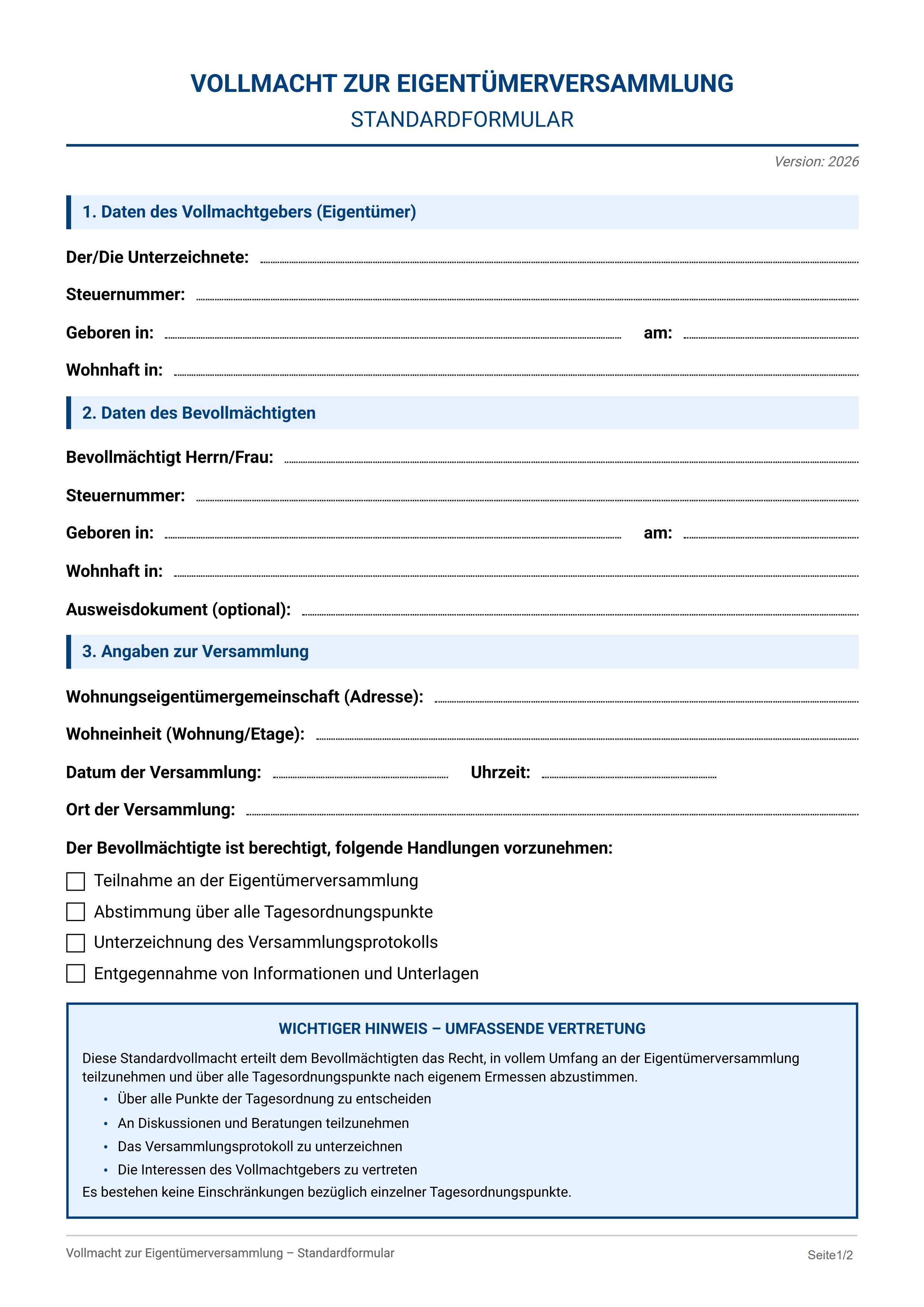 Vollmacht Eigentümerversammlung Standard