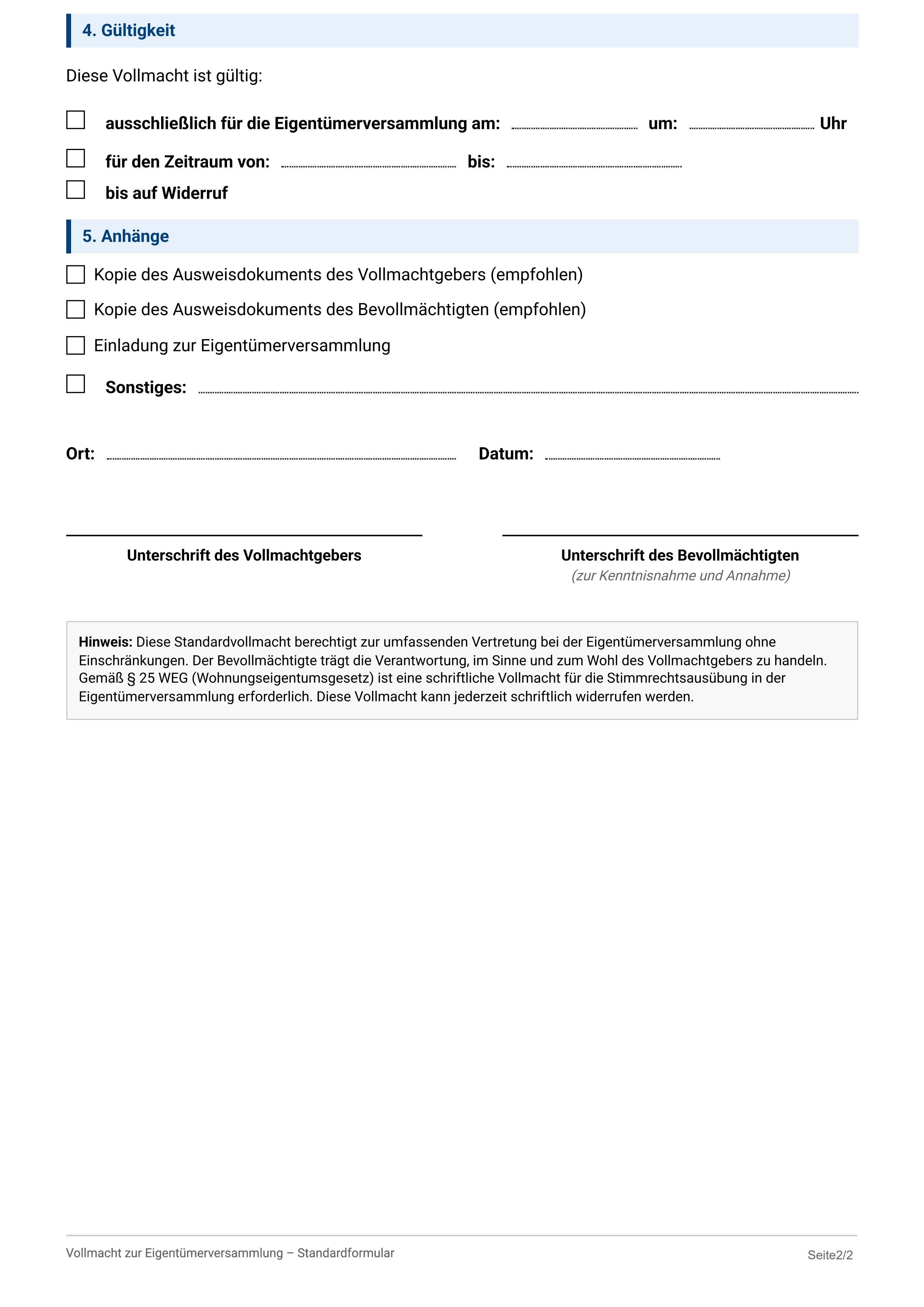 Vollmacht Eigentümerversammlung Standard