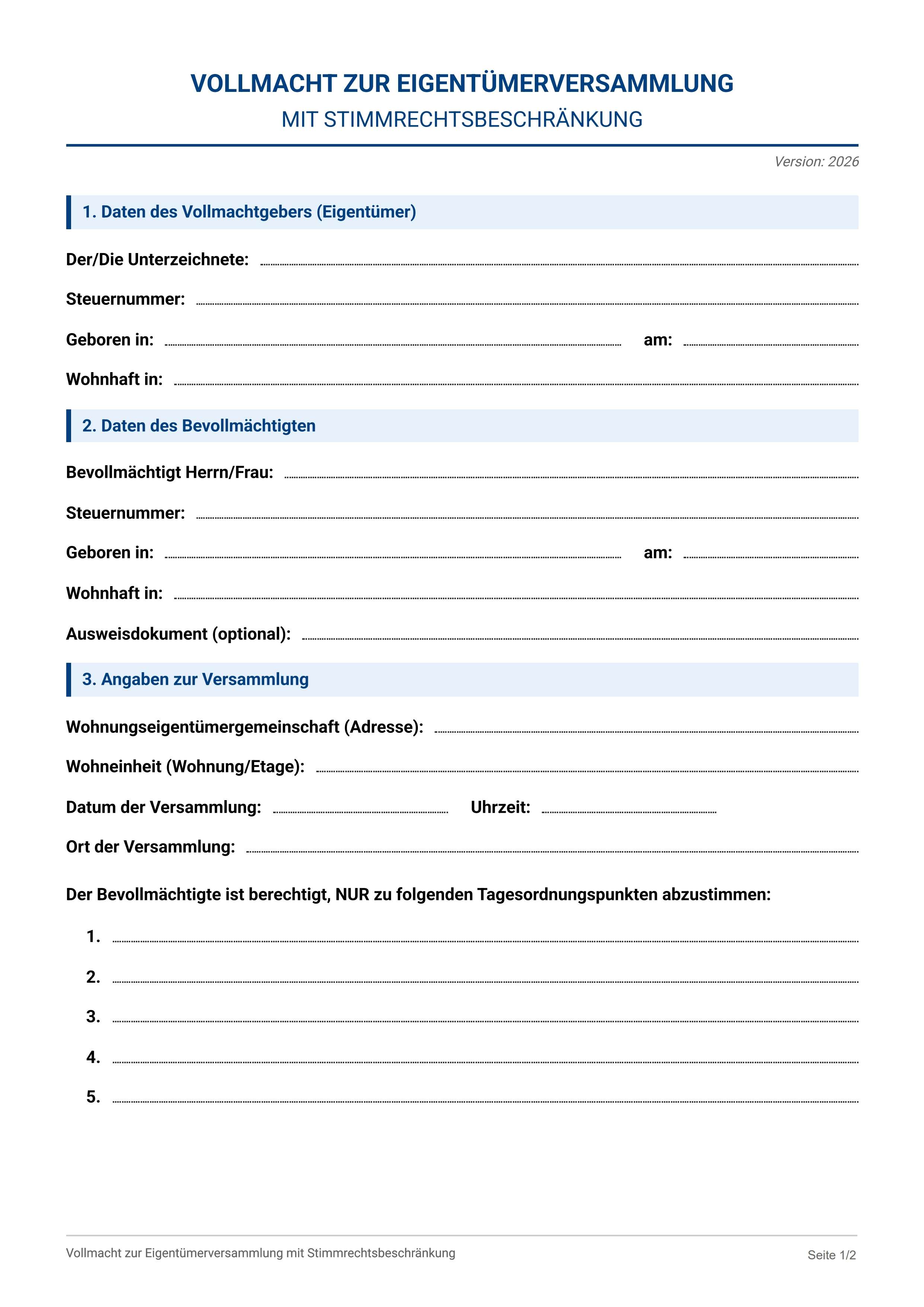 Vollmacht Eigentümerversammlung beschränkt