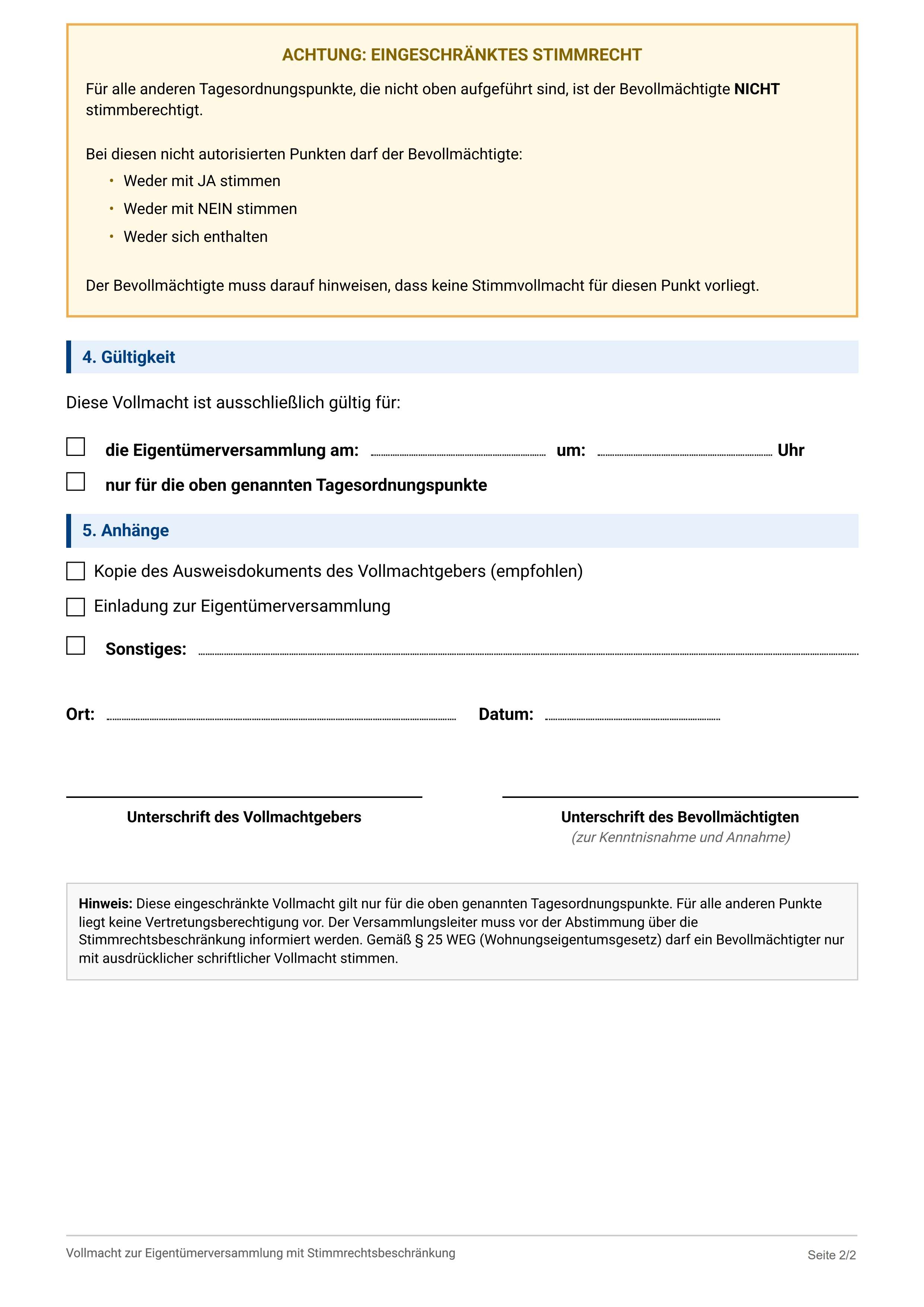 Vollmacht Eigentümerversammlung beschränkt