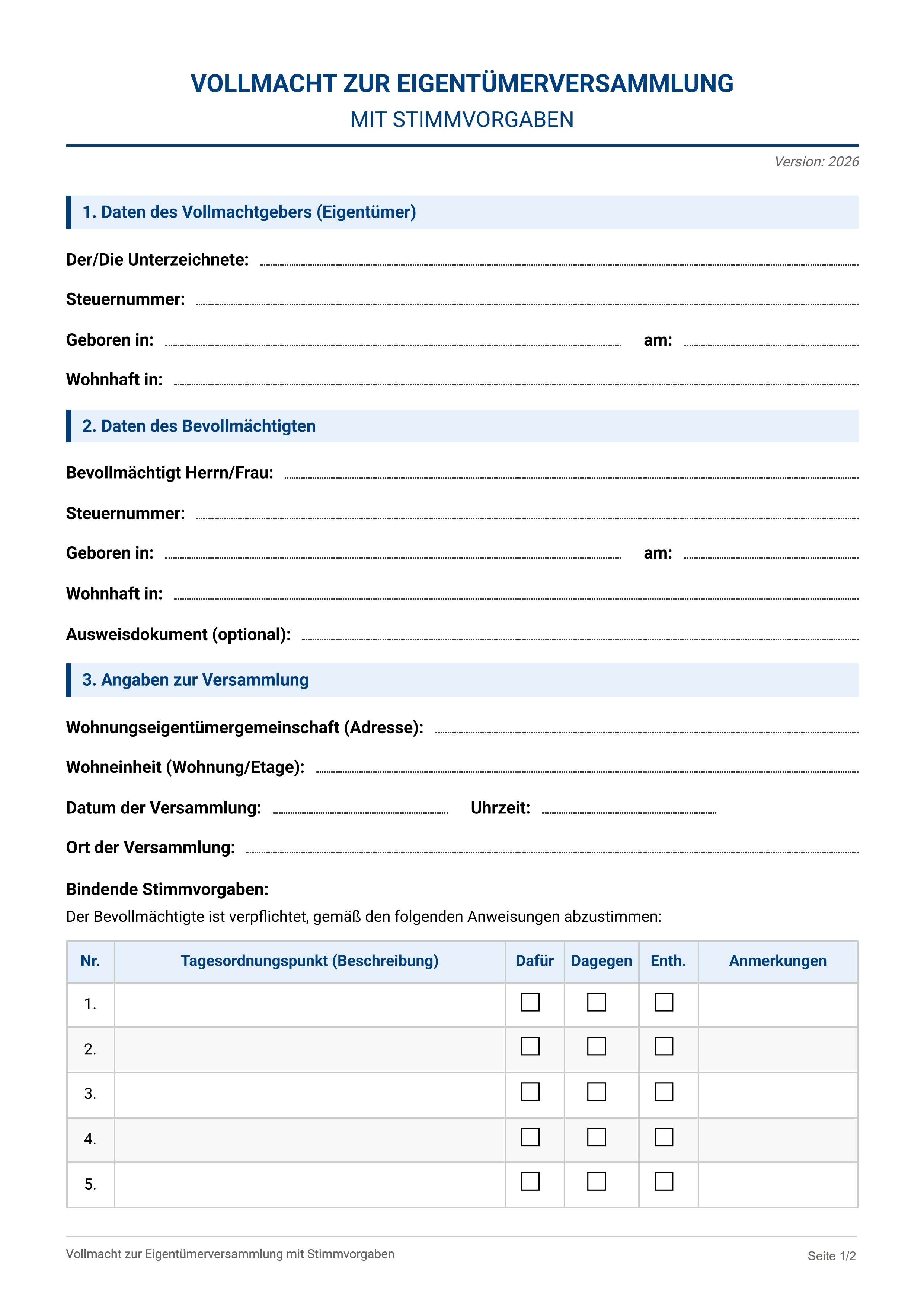 Vollmacht Eigentümerversammlung Stimmvorgaben