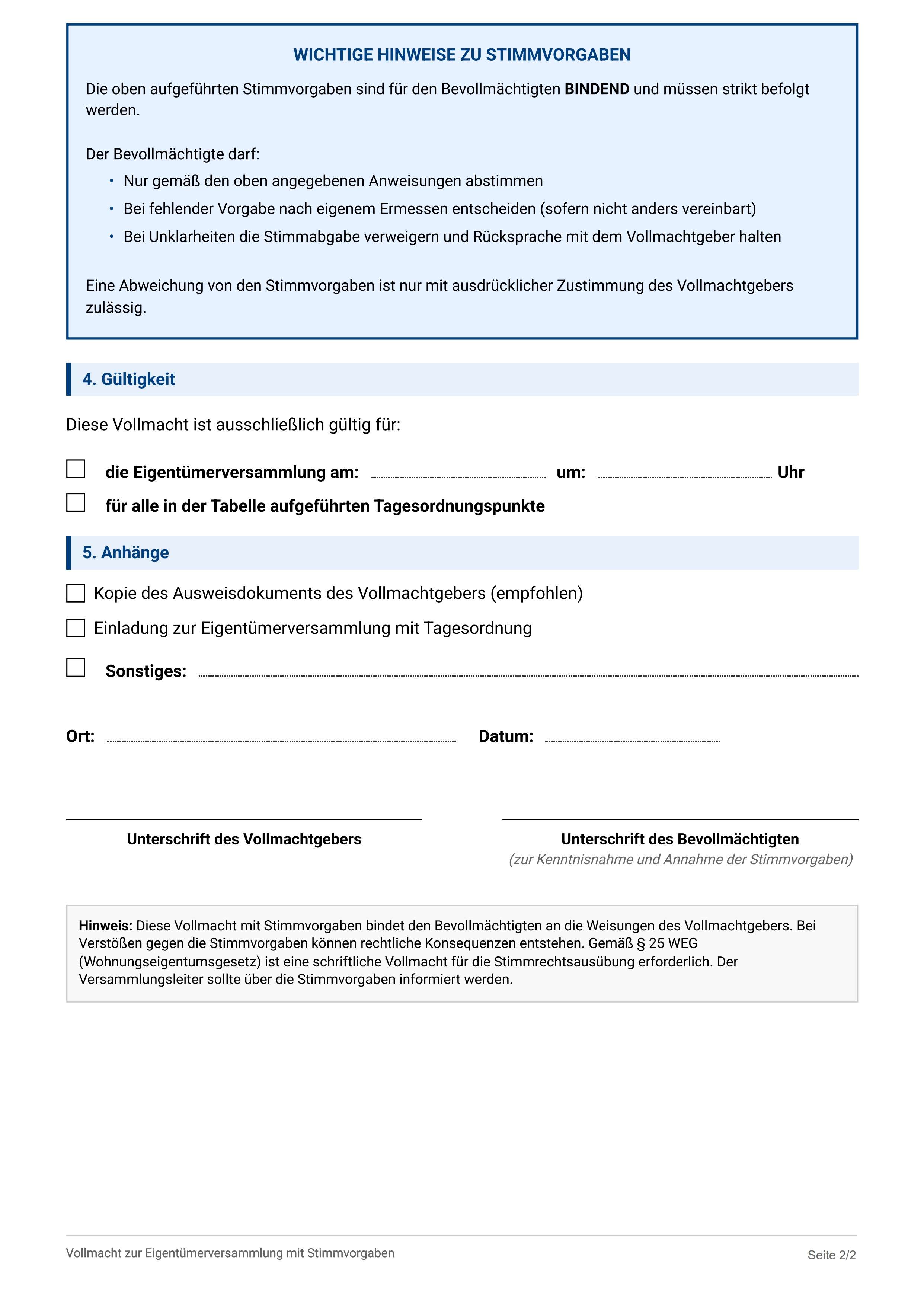 Vollmacht Eigentümerversammlung Stimmvorgaben