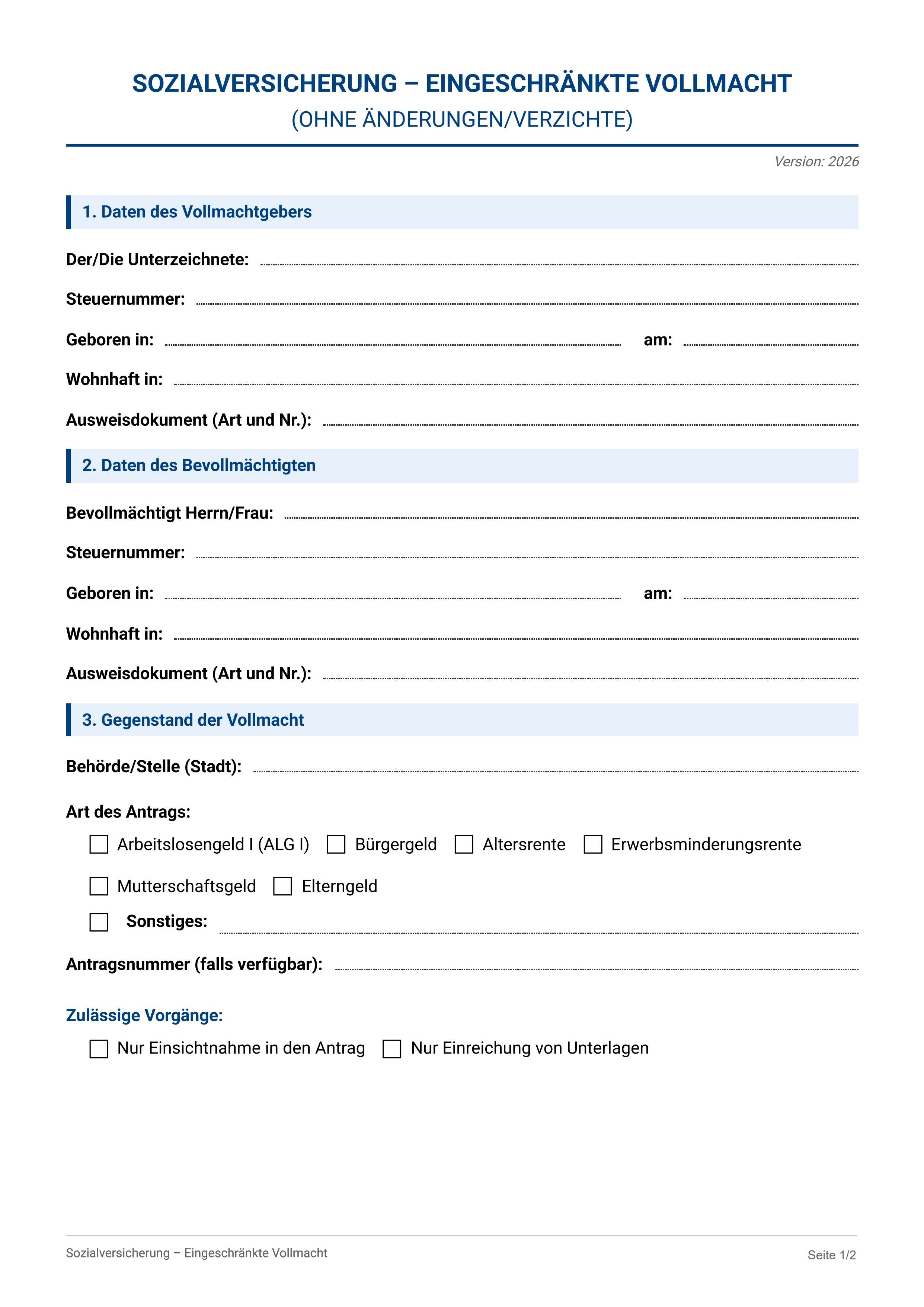 Eingeschränkte Vollmacht Sozialversicherung