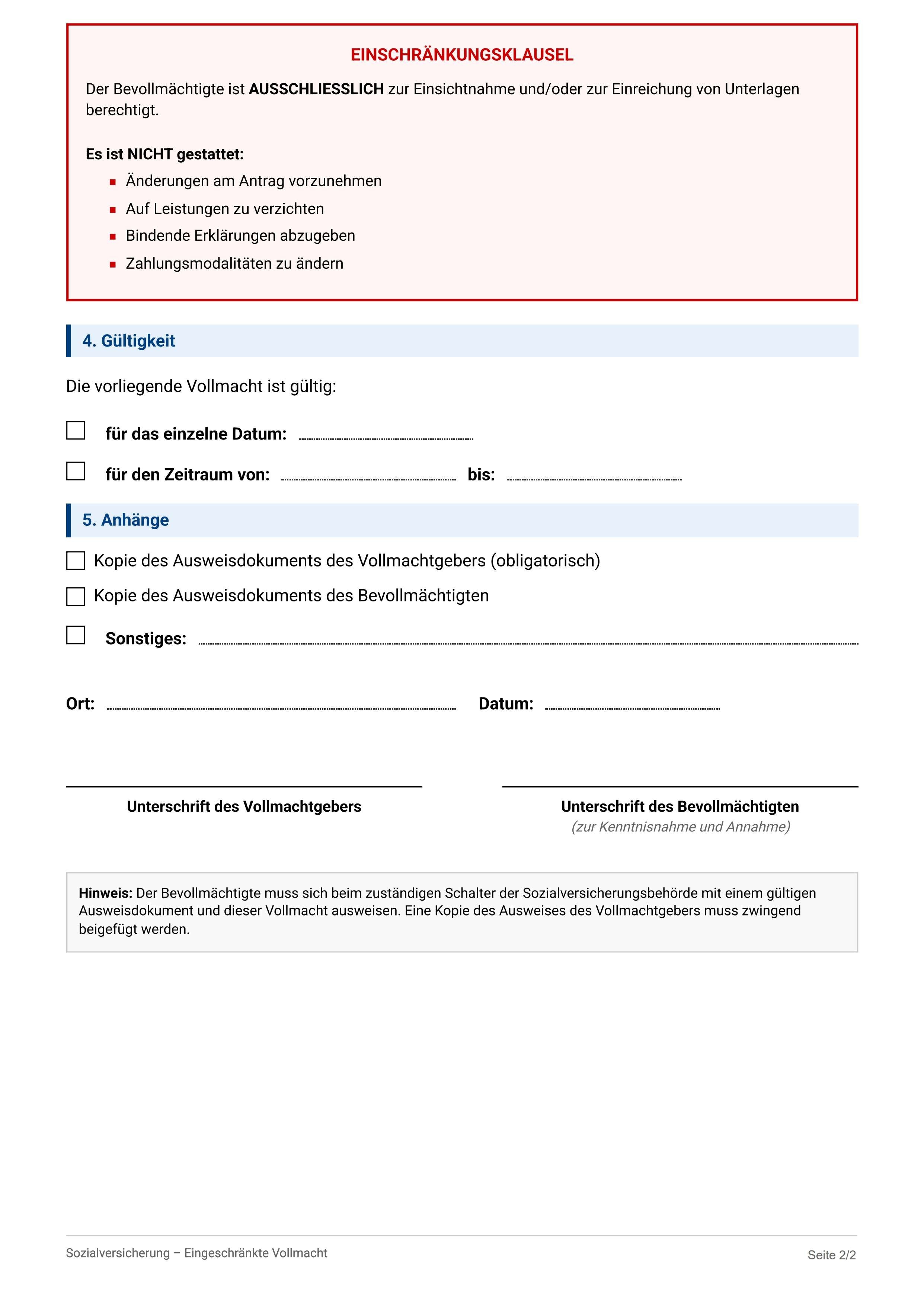 Eingeschränkte Vollmacht Sozialversicherung