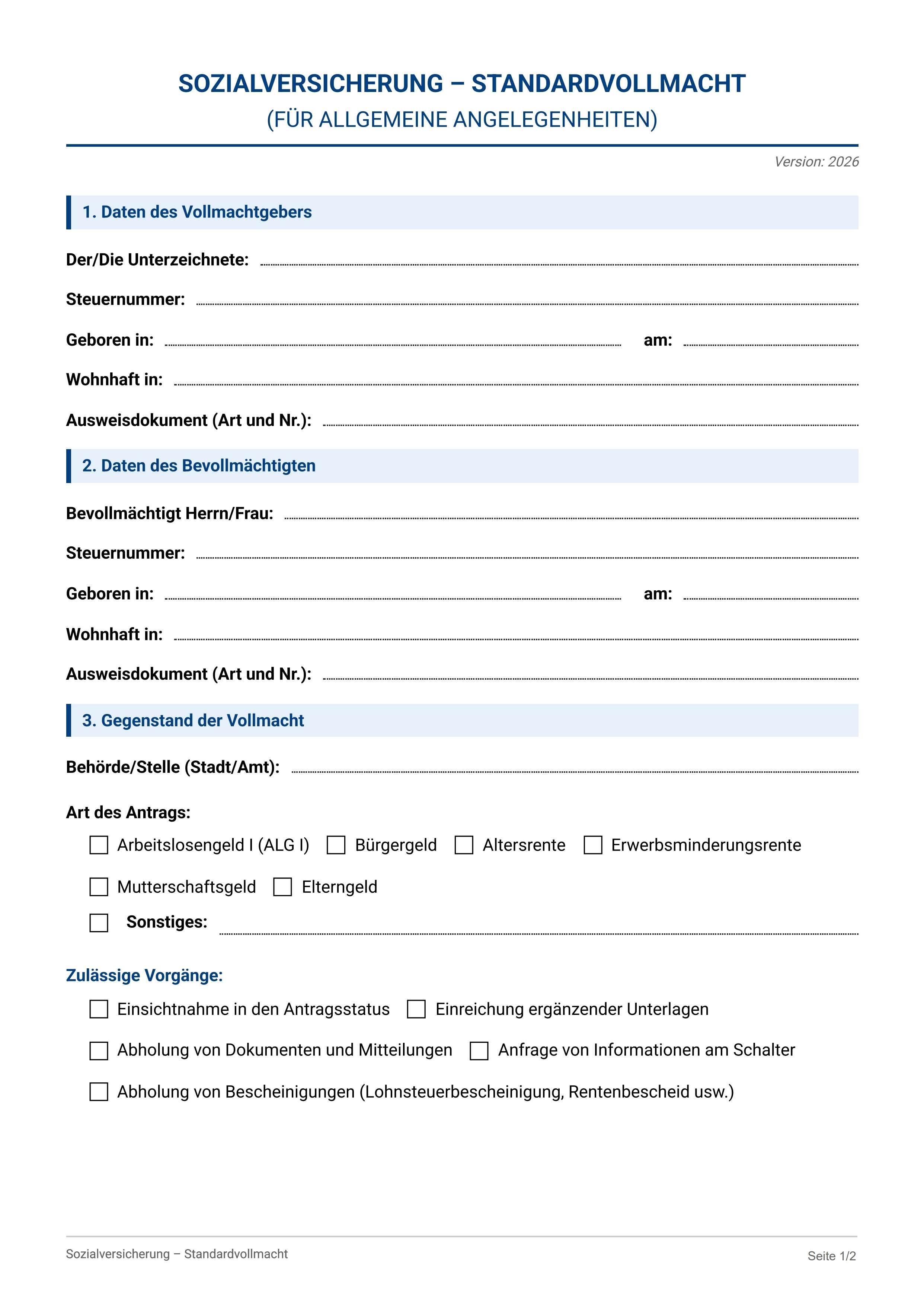 Standardvollmacht Sozialversicherung