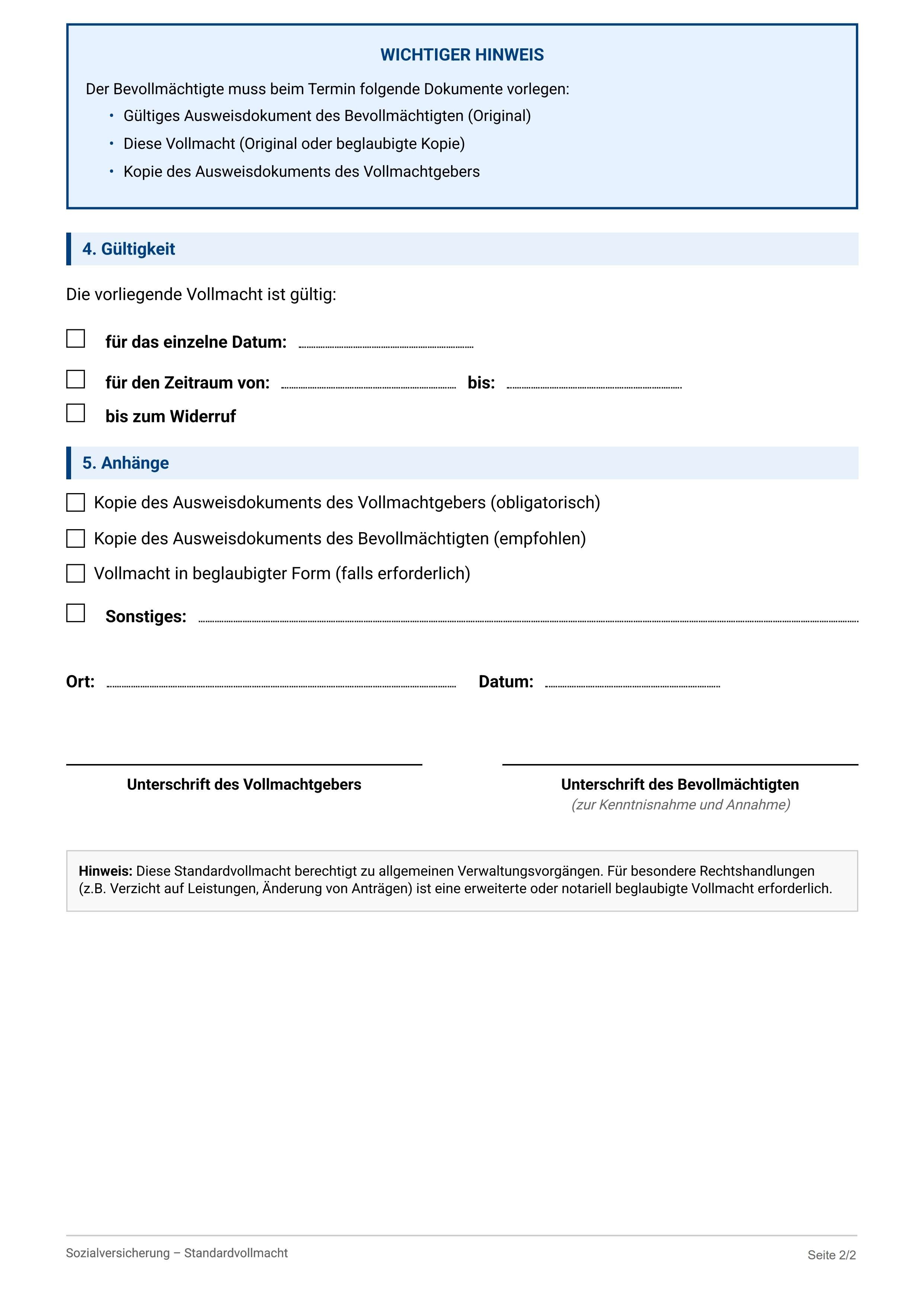 Standardvollmacht Sozialversicherung