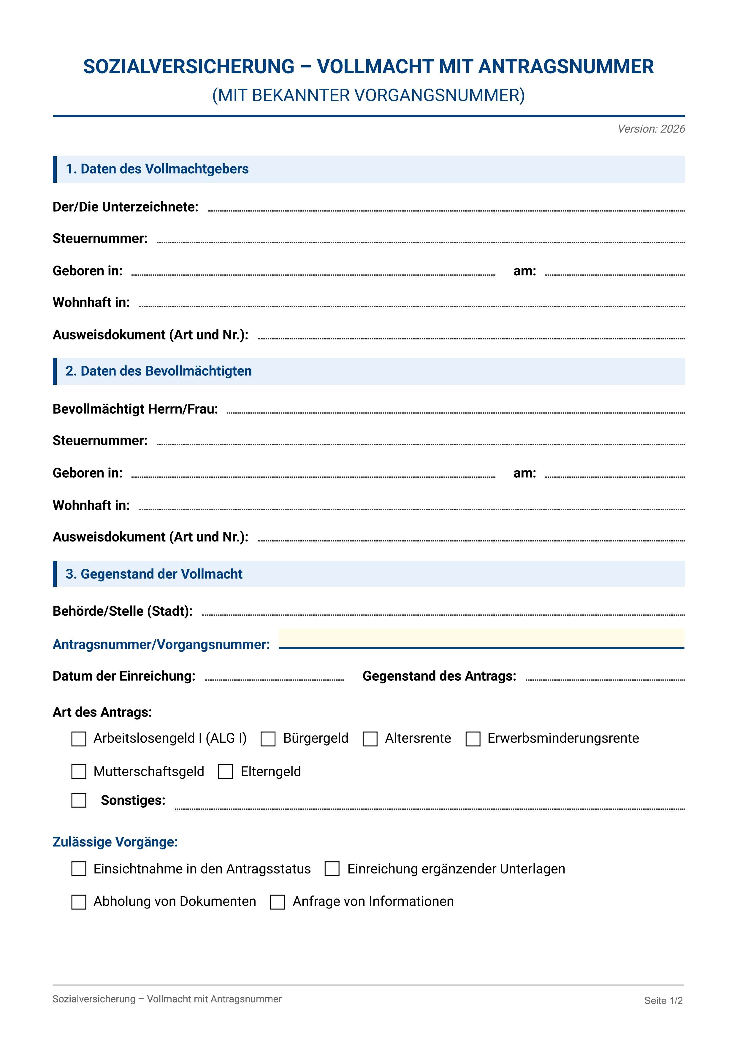 Vollmacht Sozialversicherung mit Antragsnummer