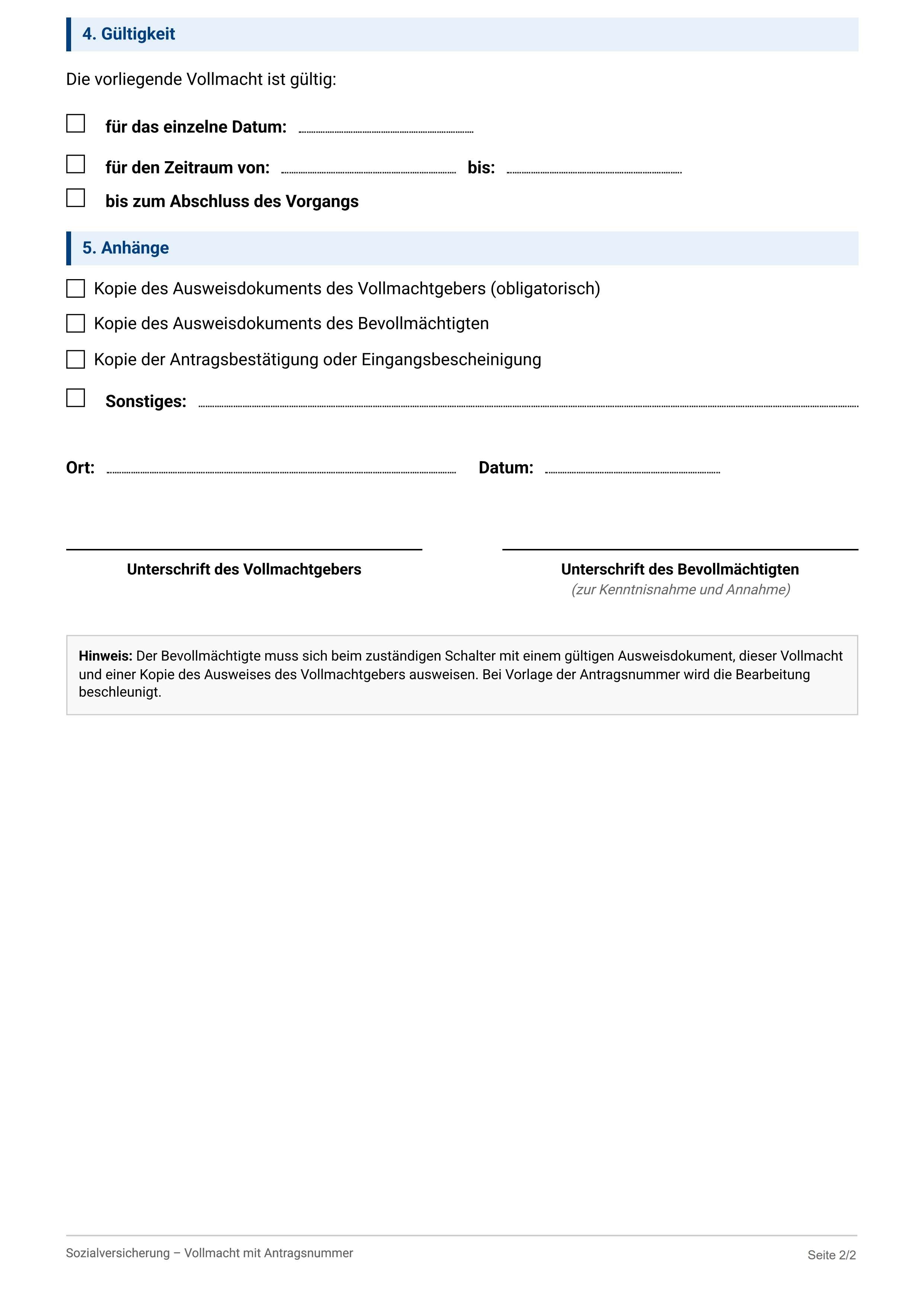 Vollmacht Sozialversicherung mit Antragsnummer