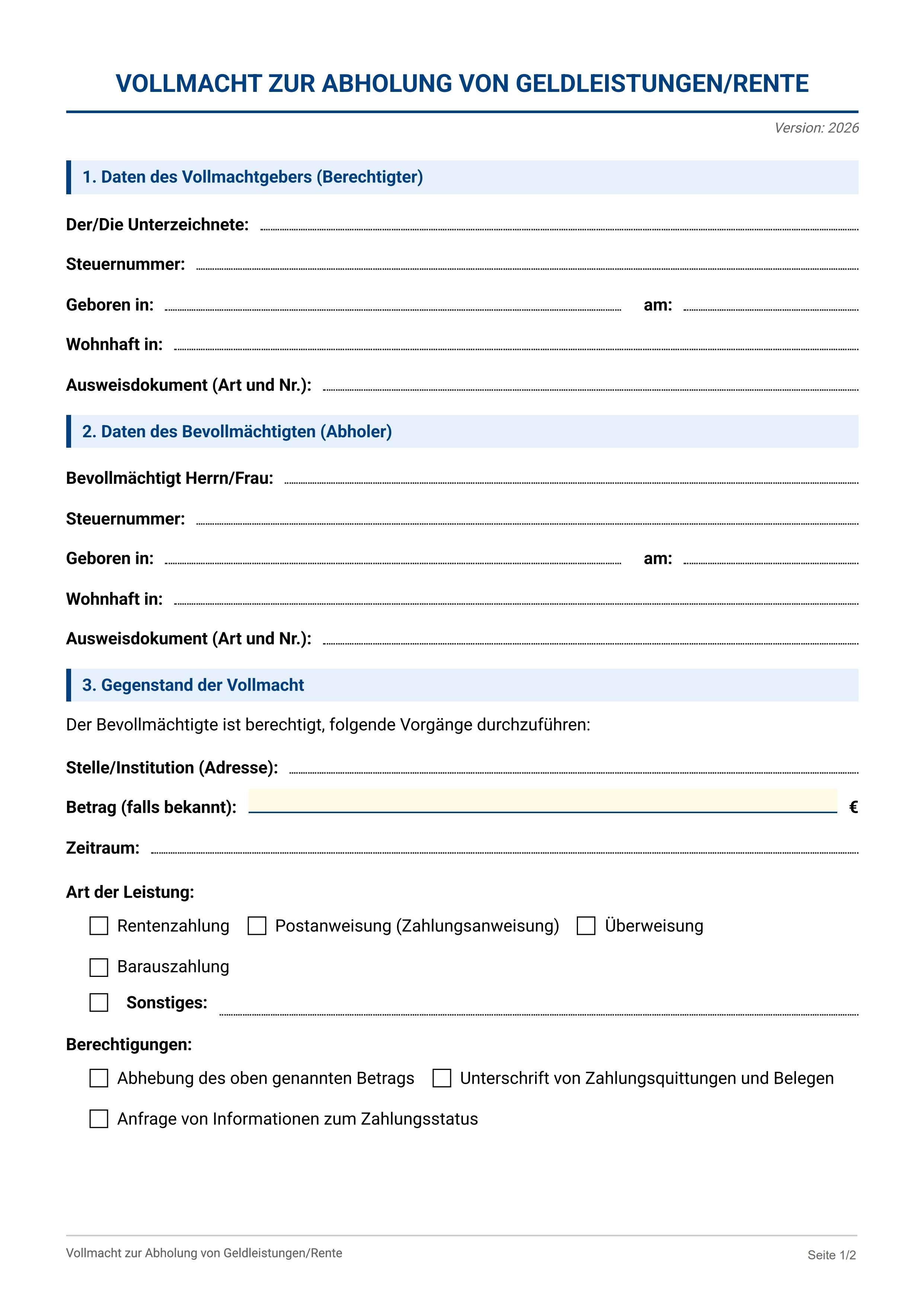 Vollmacht Geldabholung Rente