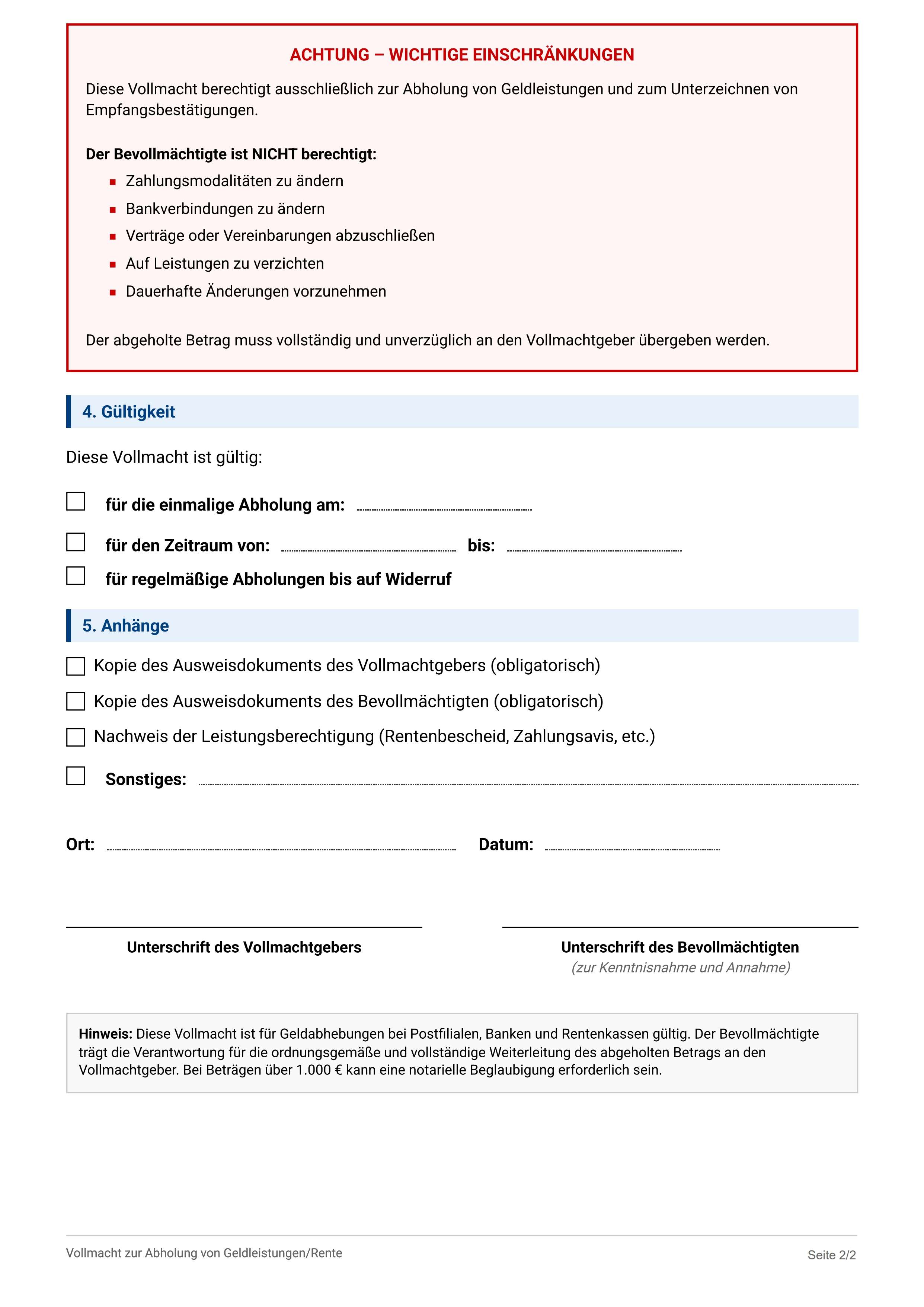 Vollmacht Geldabholung Rente