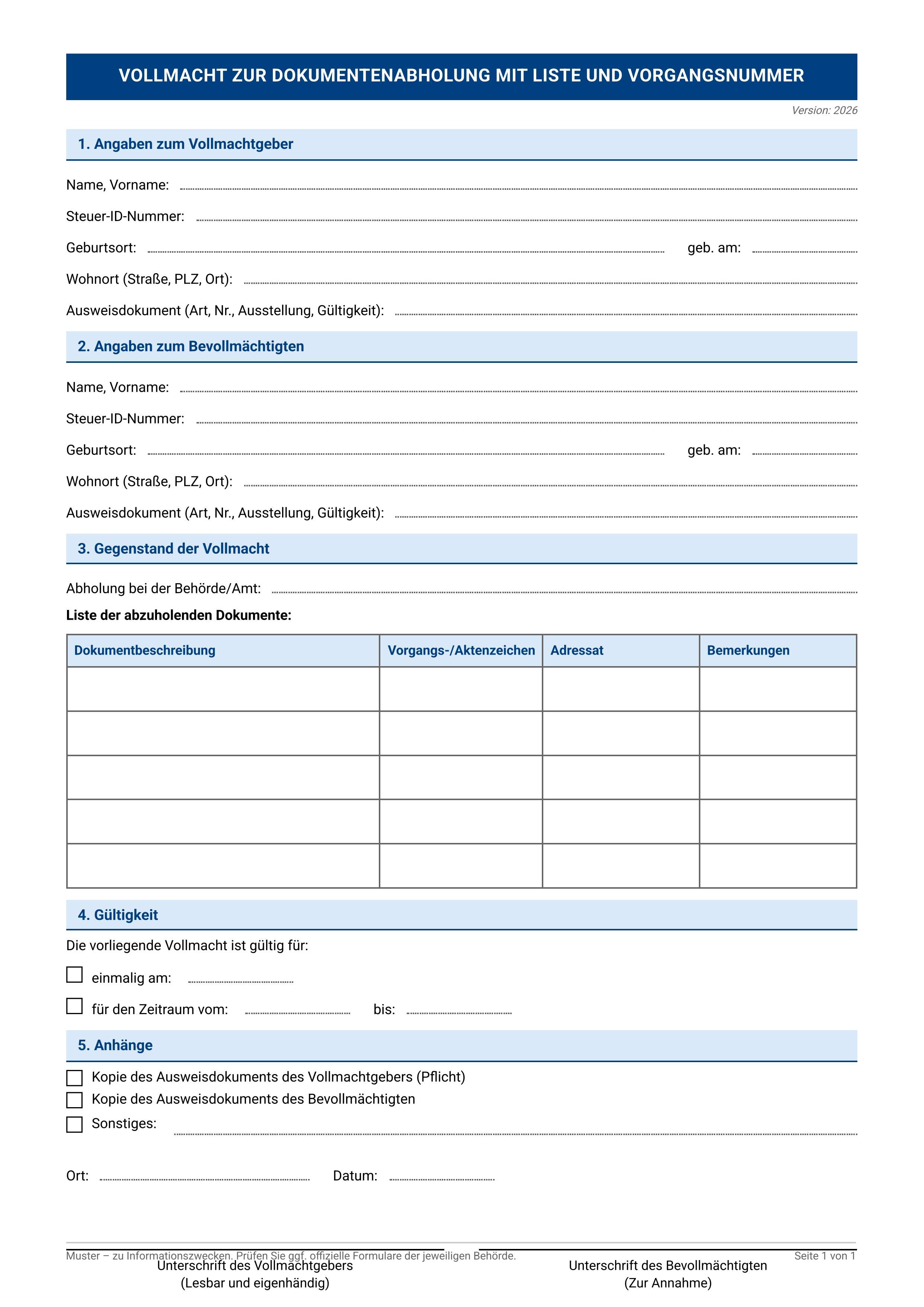 Vollmacht Dokumentenabholung mit Liste