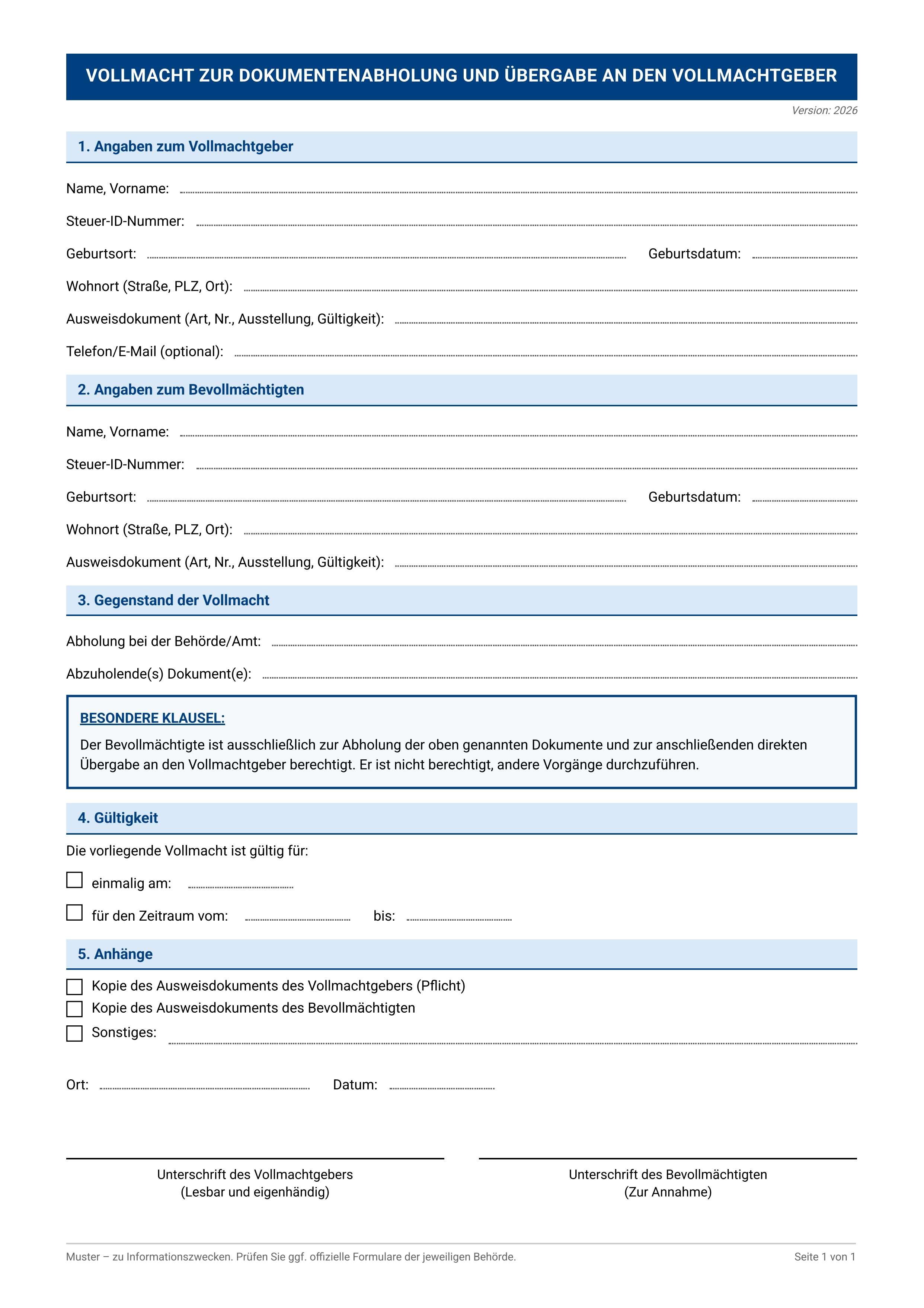 Vollmacht Abholung und Übergabe
