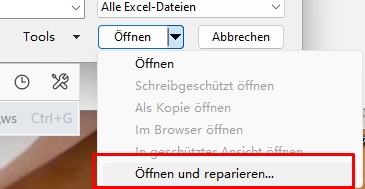 Anstatt es jetzt wie gewohnt in Excel zu laden, können Sie auf die Dropdown-Schaltfläche neben der Funktion „Öffnen“ klicken. Von hier aus können Sie stattdessen die Funktion „Öffnen und Reparieren“ auswählen.