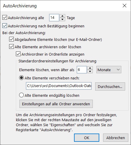 outlook autoarchivierung einstellung