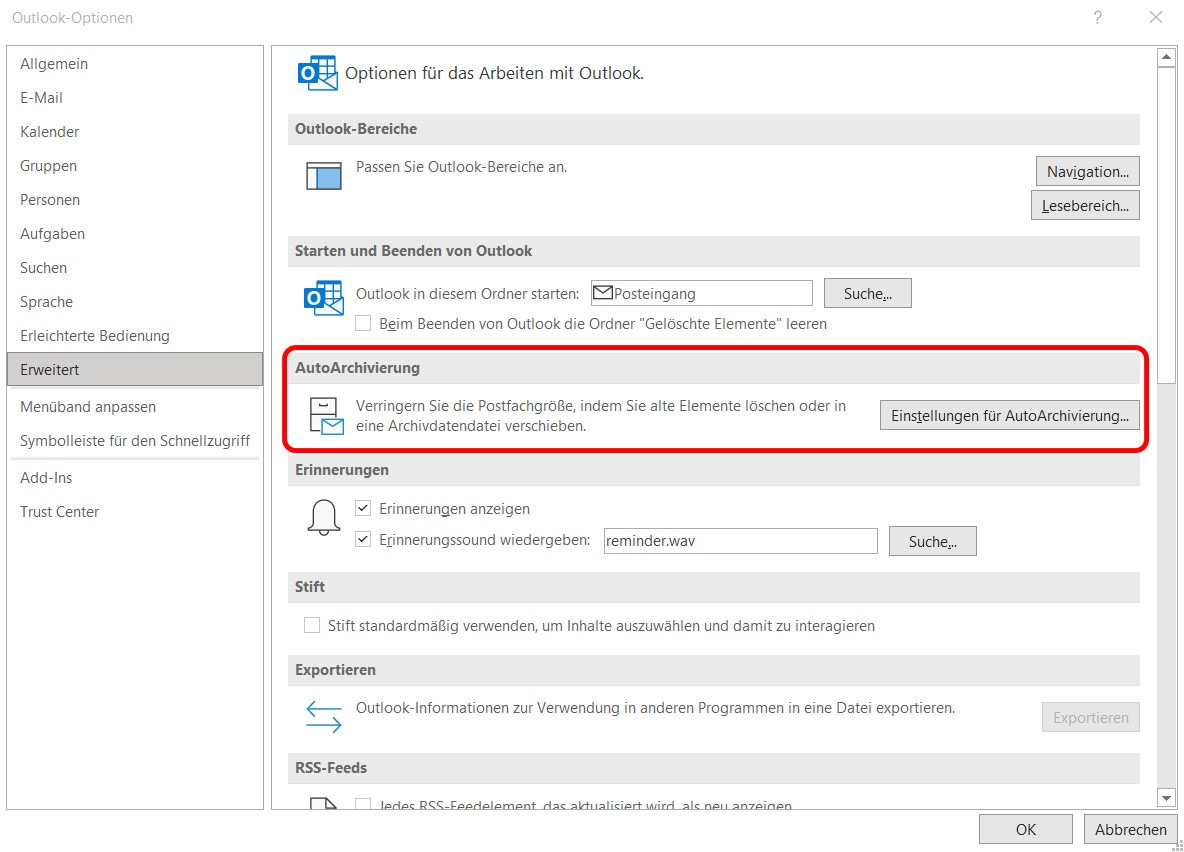 outlook autoarchivierung
