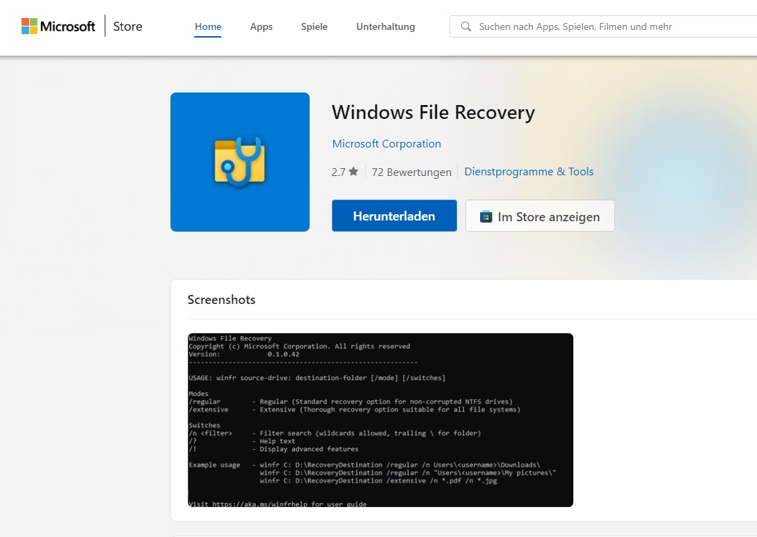 Windows File Recovery herunterladen