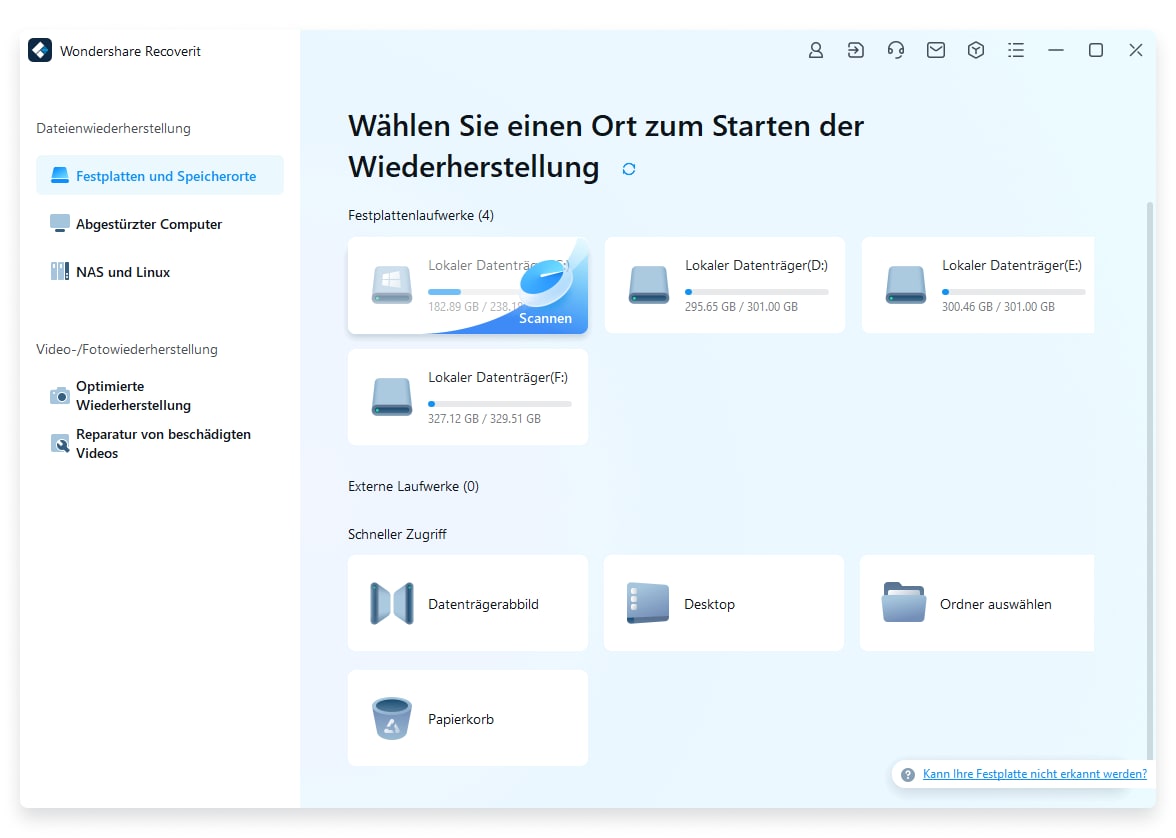 Festplattenlaufwerk zum Datenscannen wählen