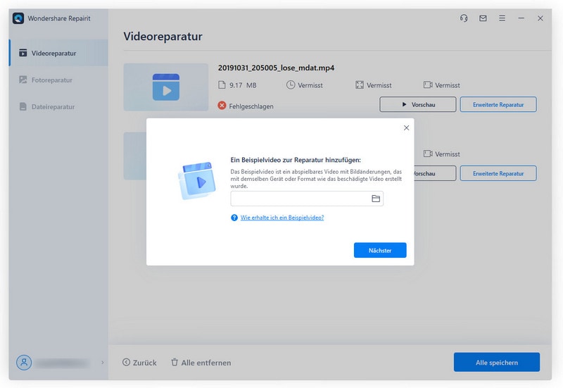 Ein Beispielvideo hinzufügen, um beschädigte Dateien zu reparieren