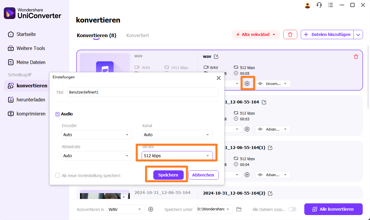 Bitrate von WAV-Dateien im UniConverter ändern