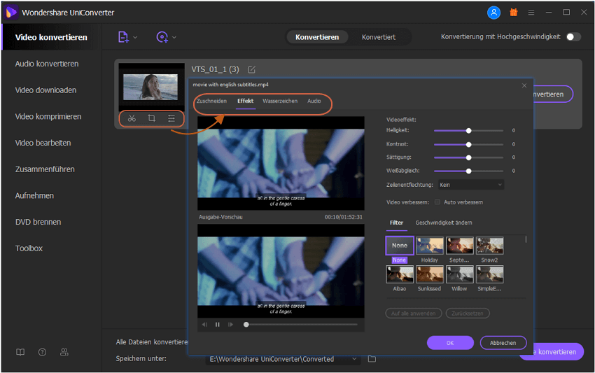 DVD to MP4 mit Wondershare UniConverter Schritt 2: Bearbeiten von DVD-Dateien vor der Umwandeln in MP4