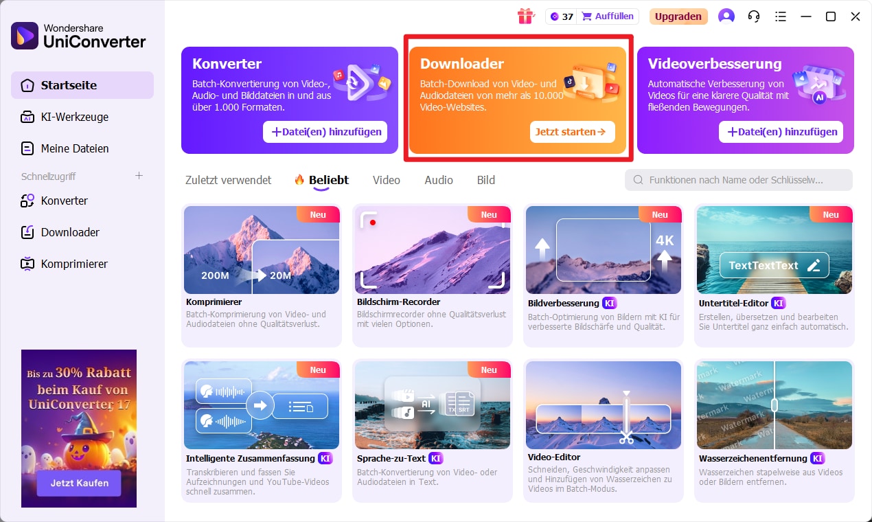 uniconverter start – video herunterladen statt clipgrab
