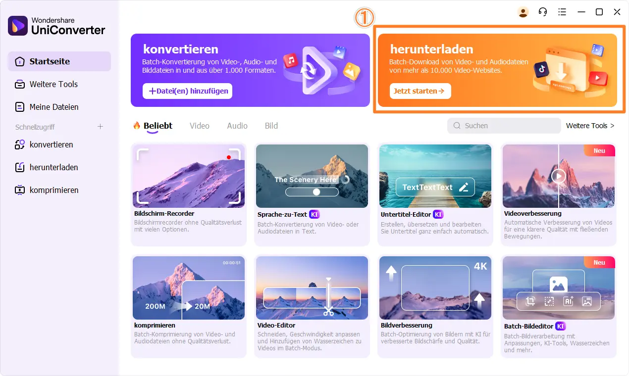 UniConverter – Downloader öffnen (Schritt 1)