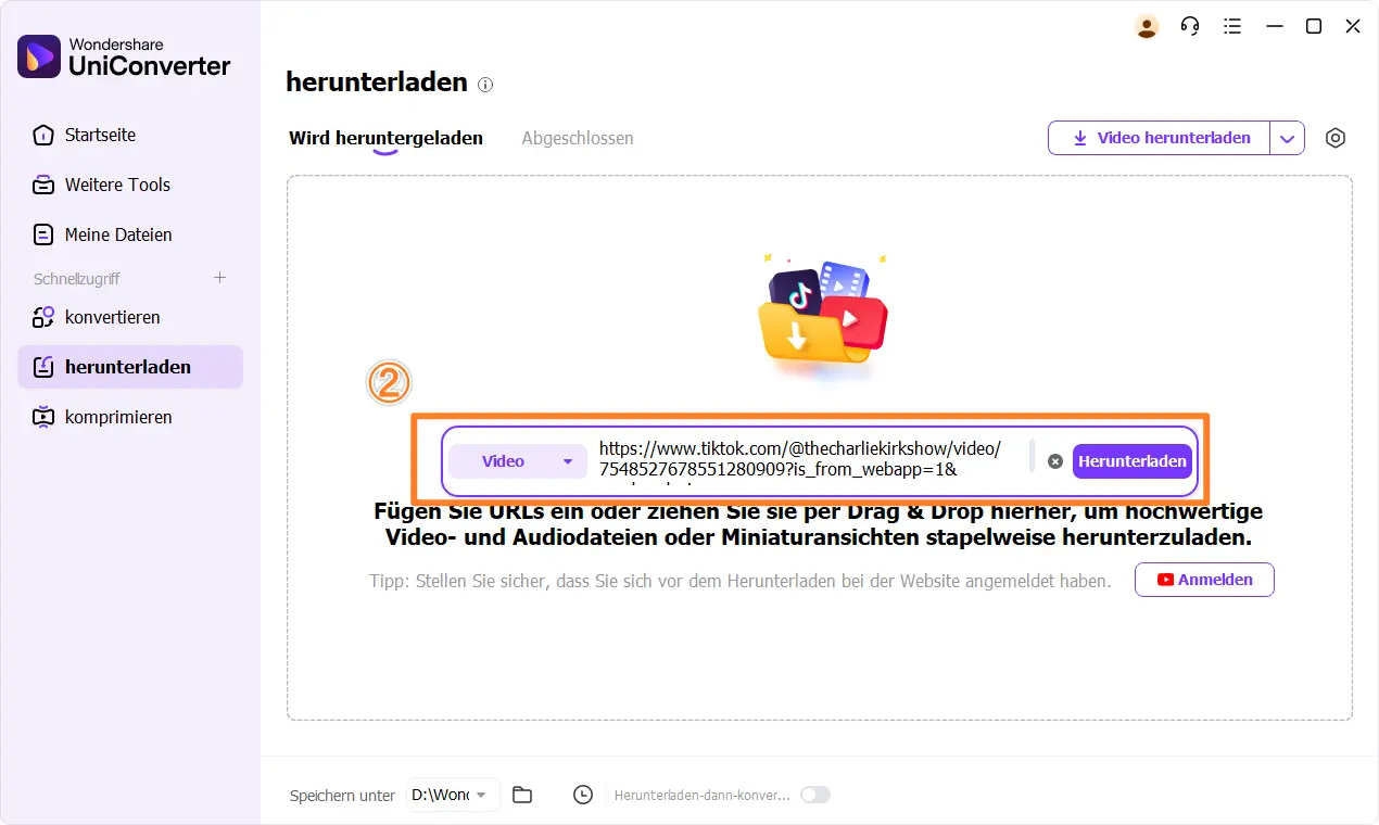 URL einfügen (Schritt 2) im UniConverter Downloader