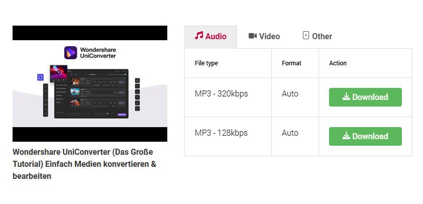 Qualitätsauswahl in Y2mate: MP4/MP3 und Auflösung