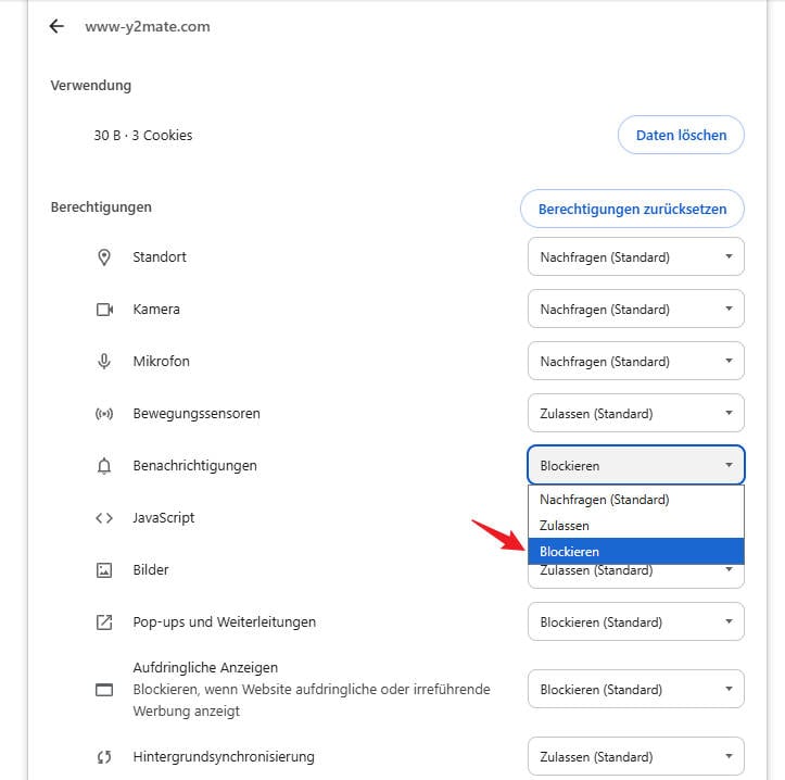 Benachrichtigungen für Y2mate in Chrome blockieren