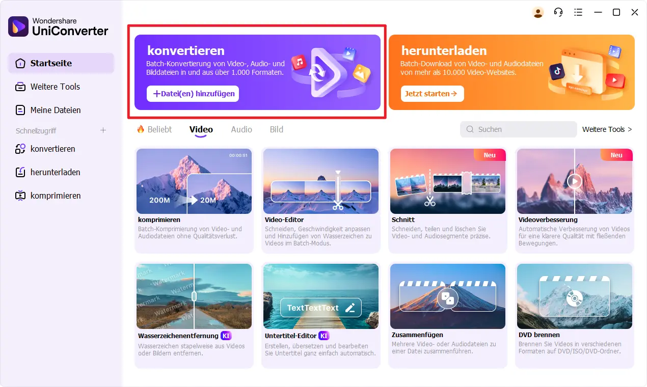 UniConverter – Schritt 1: Tab Konvertieren öffnen