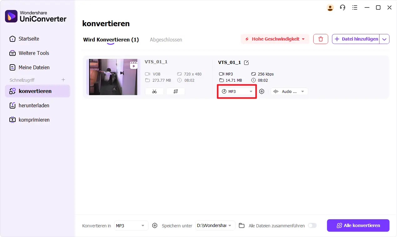 UniConverter – Schritt 4: Importierte Inhalte prüfen