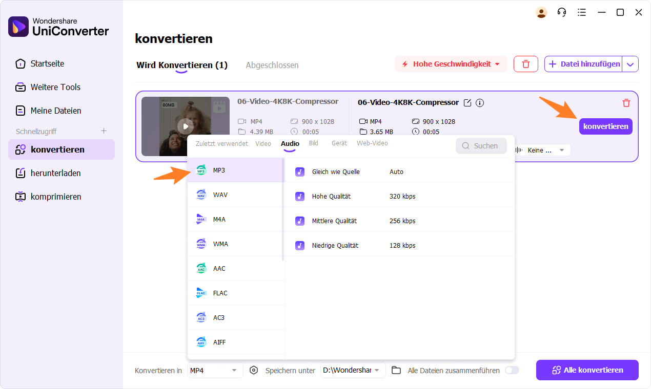 Im Wondershare UniConverter für Windows das Zielvideoformat wählen