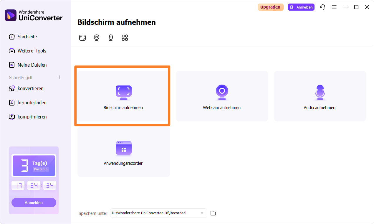 Bildschirmaufnahme-Menü in UniConverter