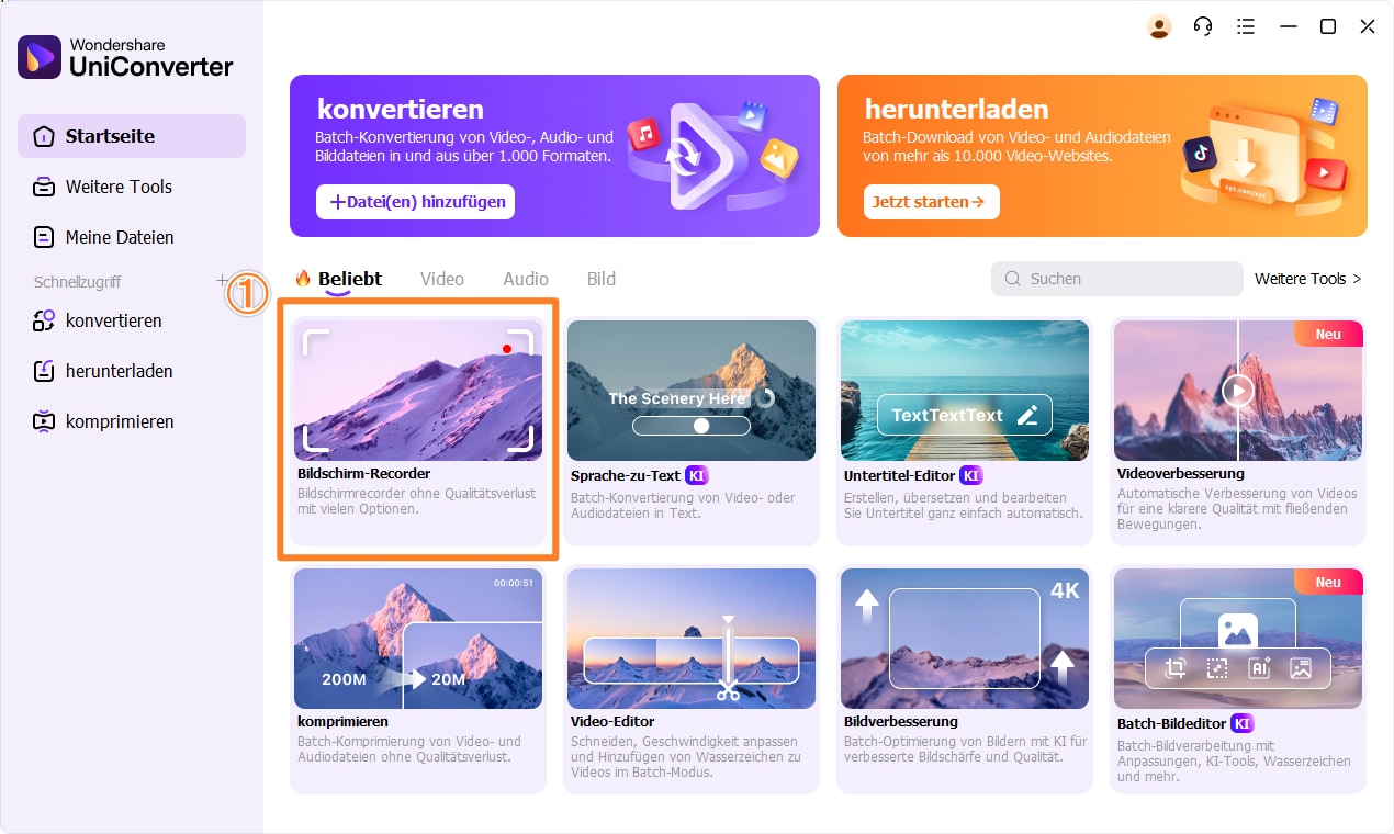 Schritt 1: Startbildschirm mit Auswahl des Screen Recorders