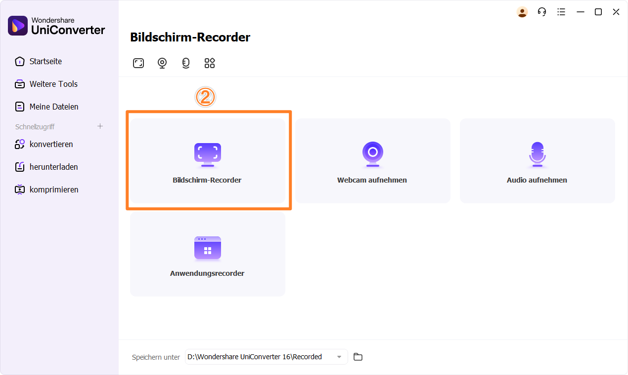 Schritt 1: Startbildschirm mit Auswahl des Screen Recorders