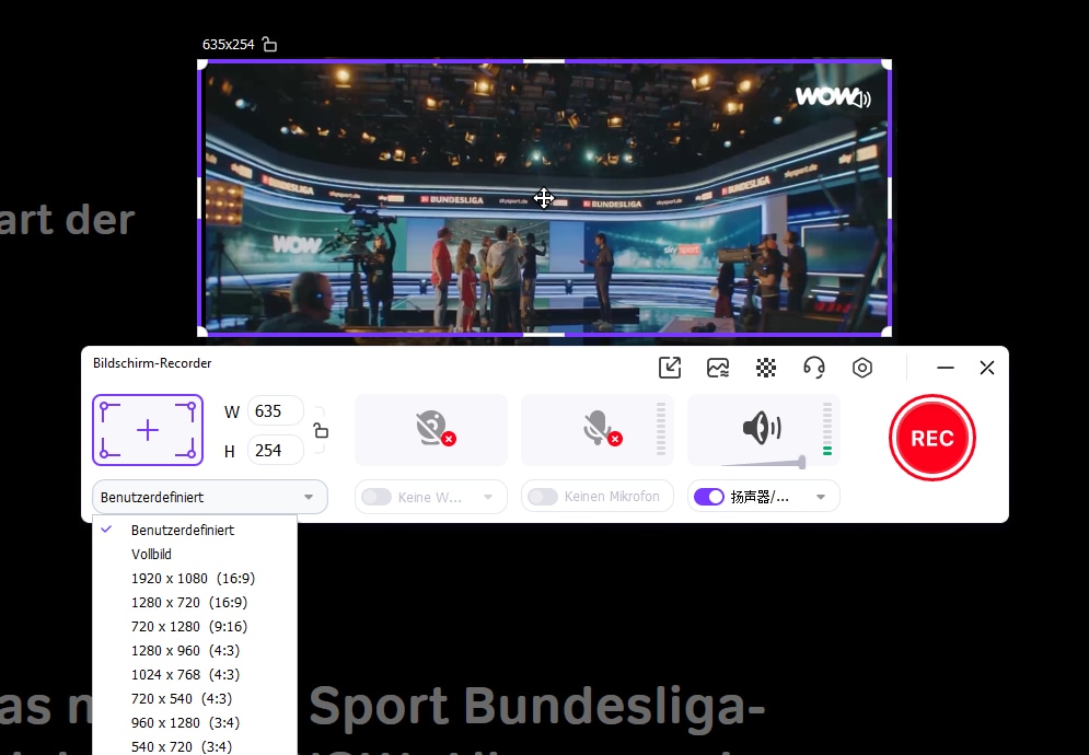 Schritt 2: Auswahl von Aufnahmebereich und Audioquellen