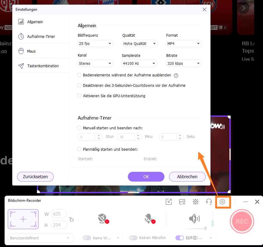 Schritt 3: Einstellungen für PiP, Hotkeys, Timer und Ausgabeformat