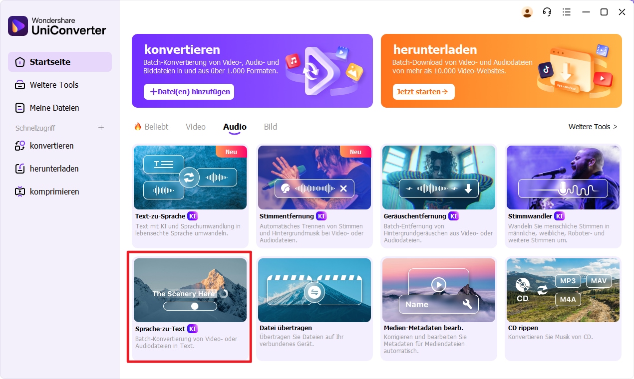 Zugriff auf die Sprache-zu-Text Funktion des Uniconverters