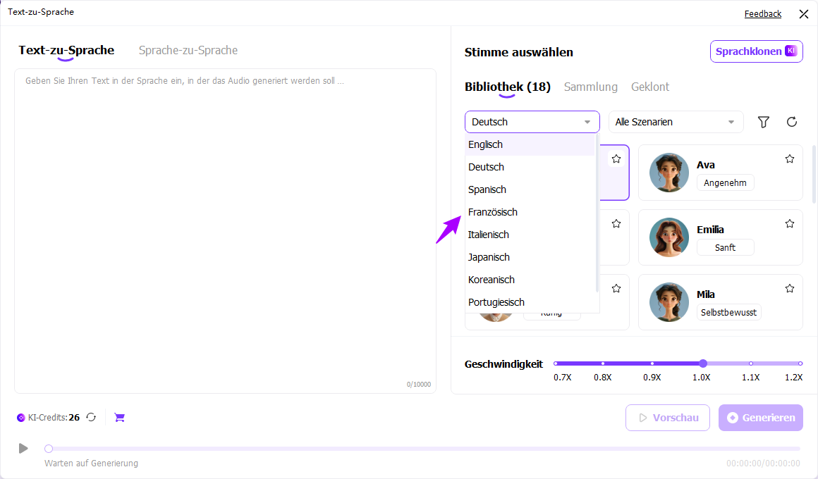 enter the text and select voice