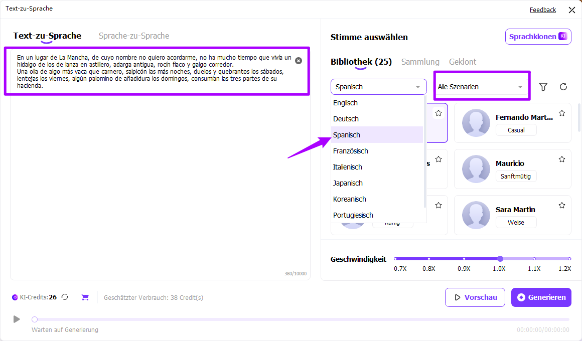 enter the text and select voice