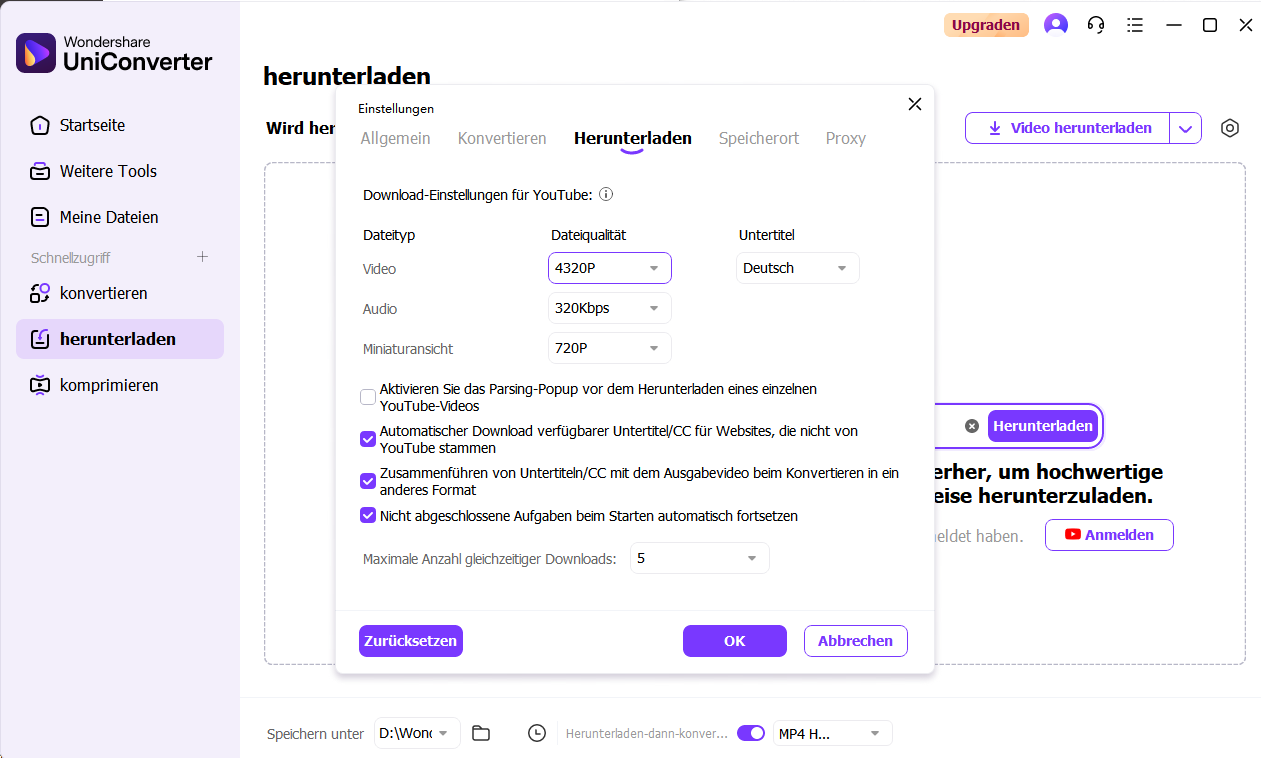 Präferenzeinstellungen und Video herunterladen