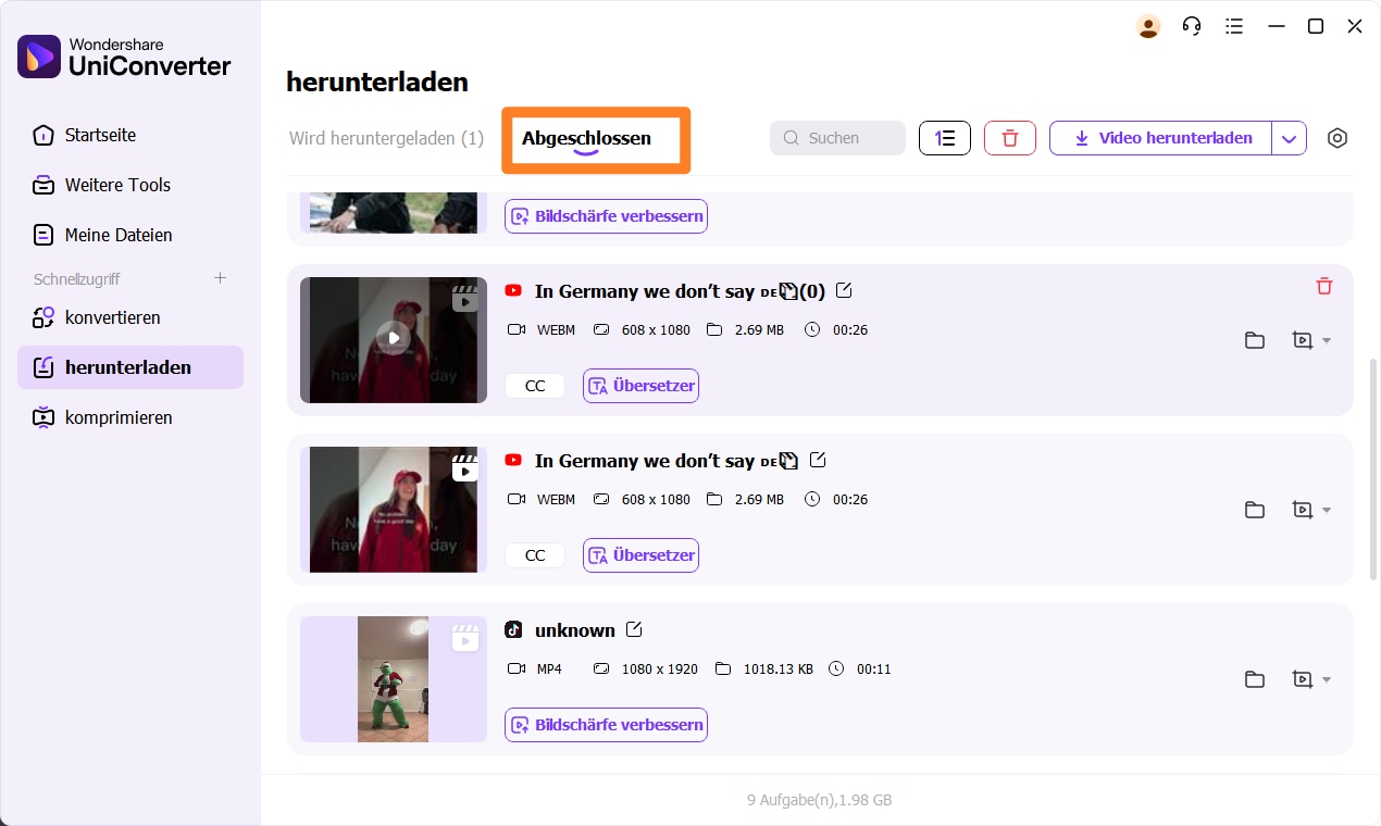 Heruntergeladenes Video abschließen